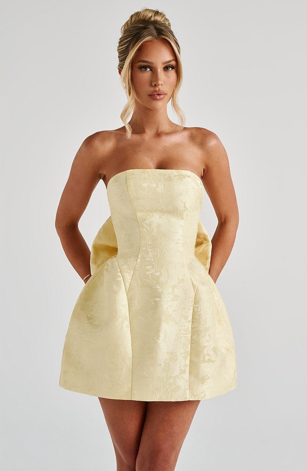 Elenora Mini Dress in Lemon - Strapless Floral Jacquard with Lace-Up Back