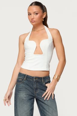 Stassy Abstract Cutout Halter Top - Polyester Spandex Back Zip Closure