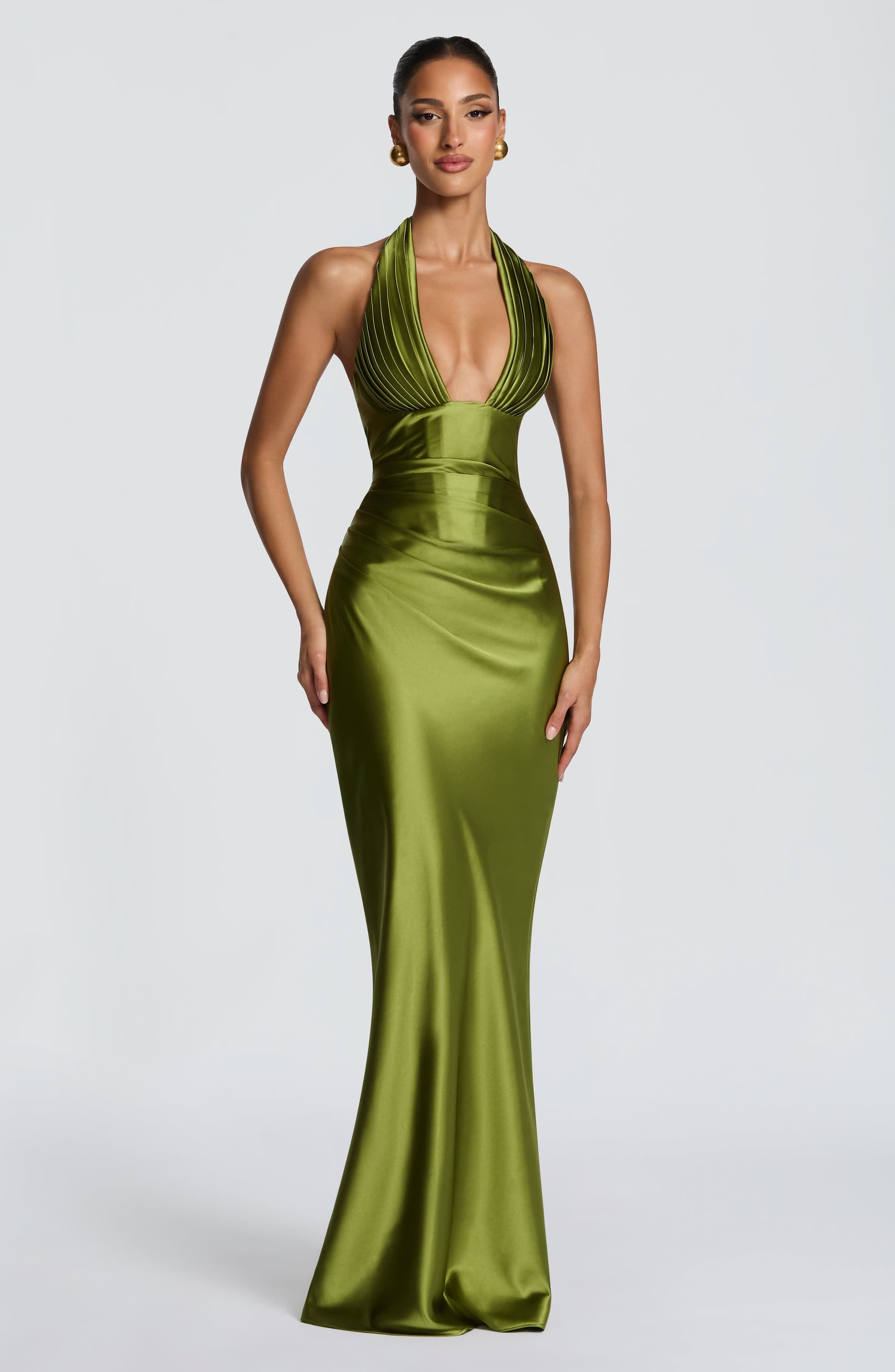 Elowen Olive Maxi Dress Plunge Halter Neckline Lace-Up Back Satin