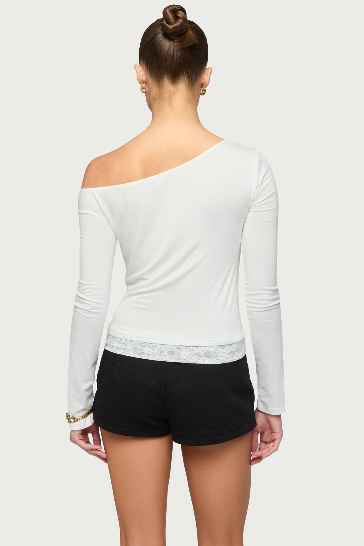 Layered Lacey Off Shoulder Long Sleeve Top - Rayon Spandex Cowl Neck