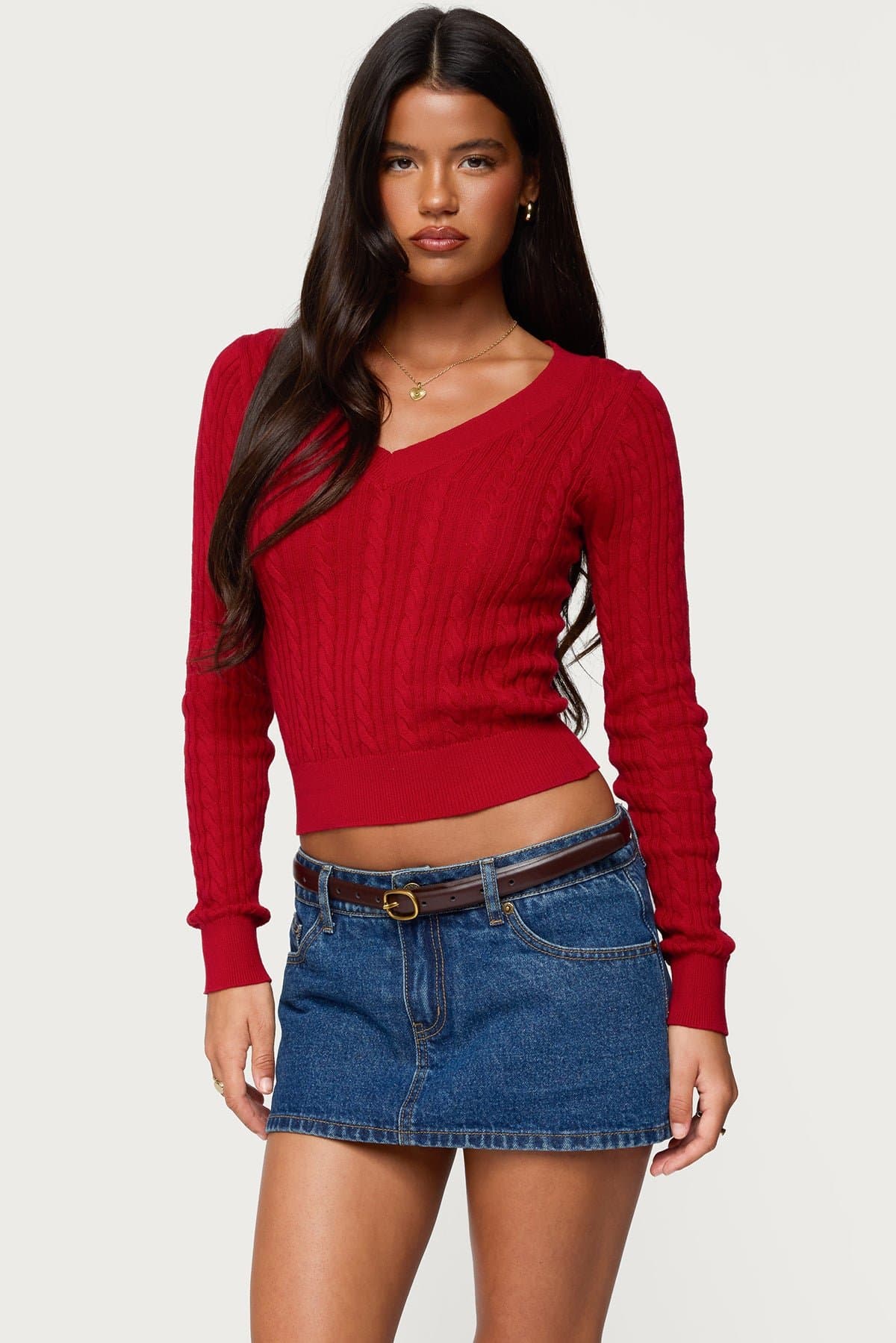 Ashlee V Neck Cable Knit Top - Long Sleeve 100% Cotton