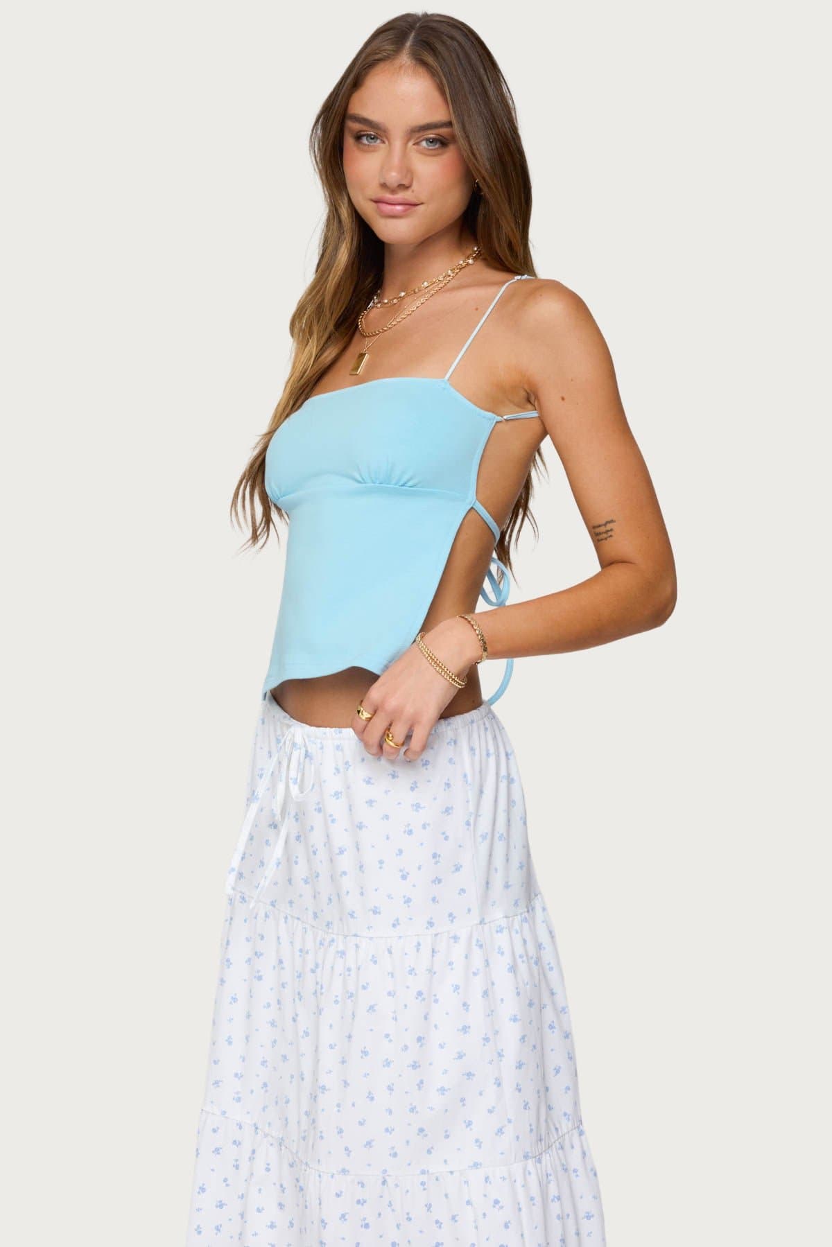 Jinx Open Back Top with Shoe String Straps, Straight Neckline, Tieback Closure, Cotton Spandex