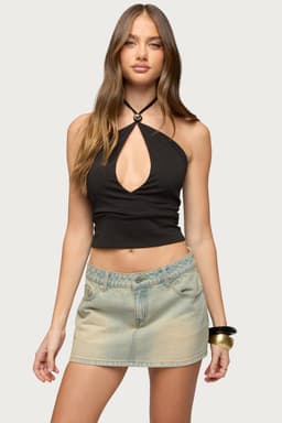 Rivi Bead Cutout Halter Top - Polyester Spandex Women's Blouse