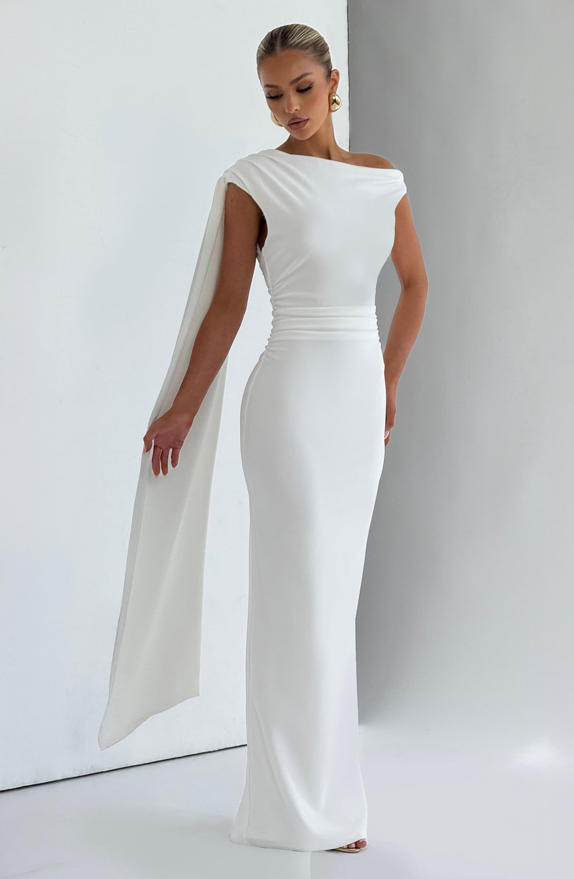 Kylie Maxi Dress in Ivory - Stretch Crepe Column Silhouette with Back Split