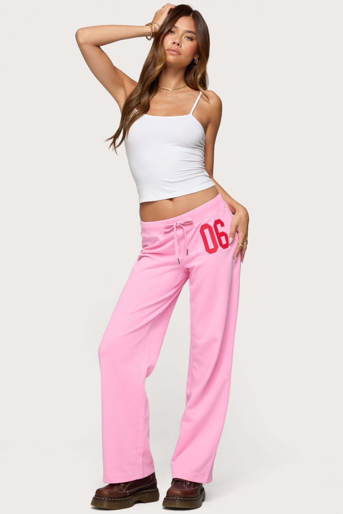 06 Sweatpants Straight Leg Fit Adjustable Tie Waist Embroidered Patch Cotton Polyester