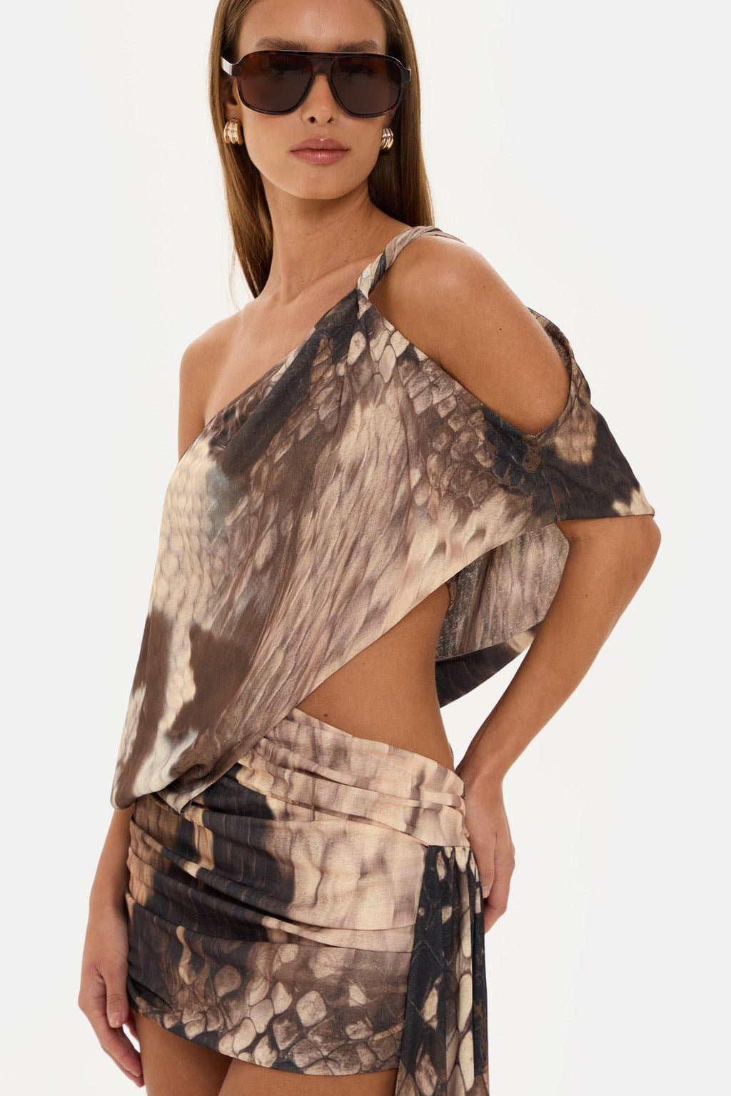 COCO Asymmetric Off Shoulder Snake Print Mini Dress with Ruched Skirt