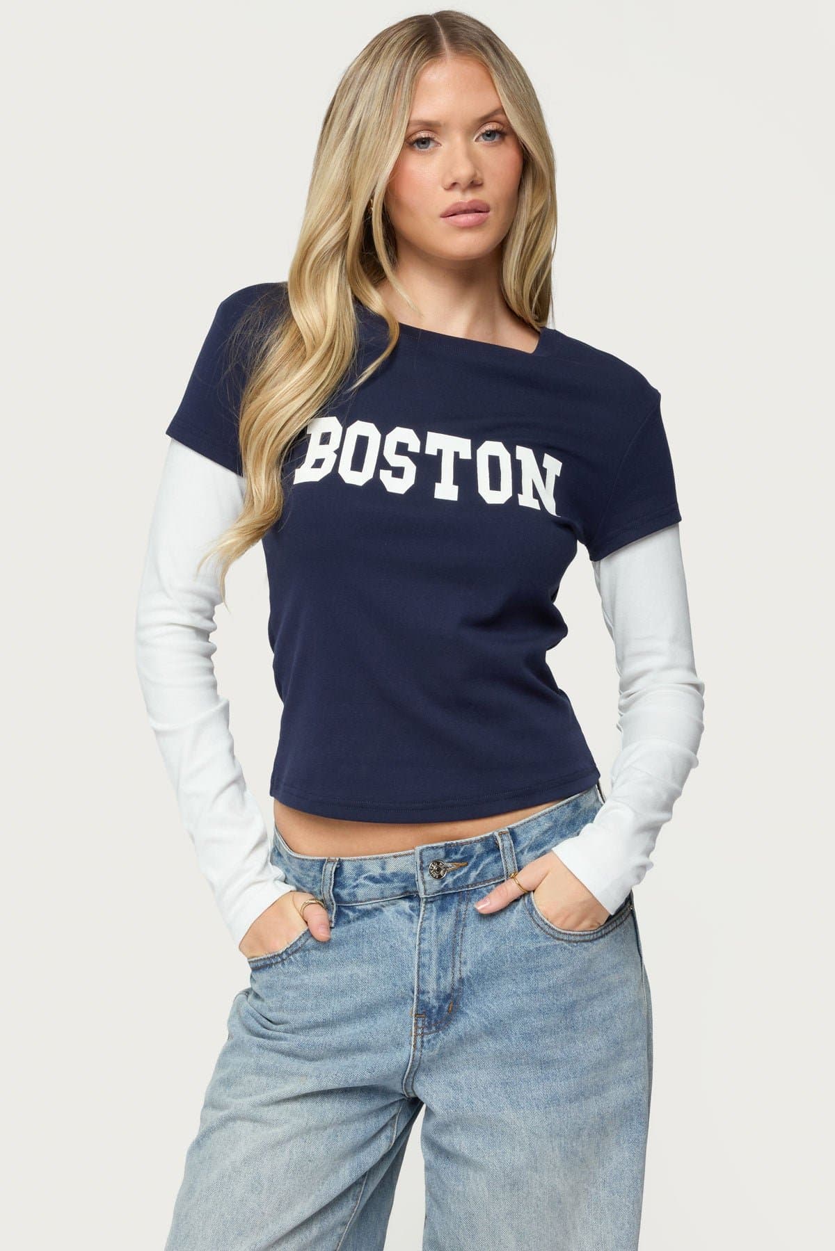 Boston Layered Long Sleeve T-Shirt - Cotton Spandex Graphic Text Contrast Sleeves