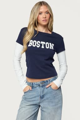 Boston Layered Long Sleeve T-Shirt - Cotton Spandex Graphic Text Contrast Sleeves