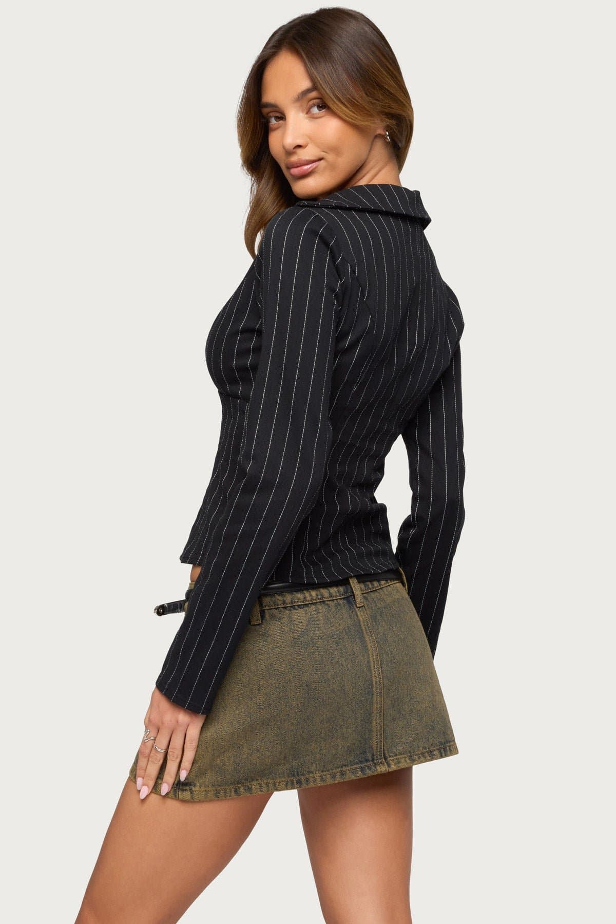Araceli Pinstripe Tailored Long Sleeve Shirt - Cotton Polyester Spandex