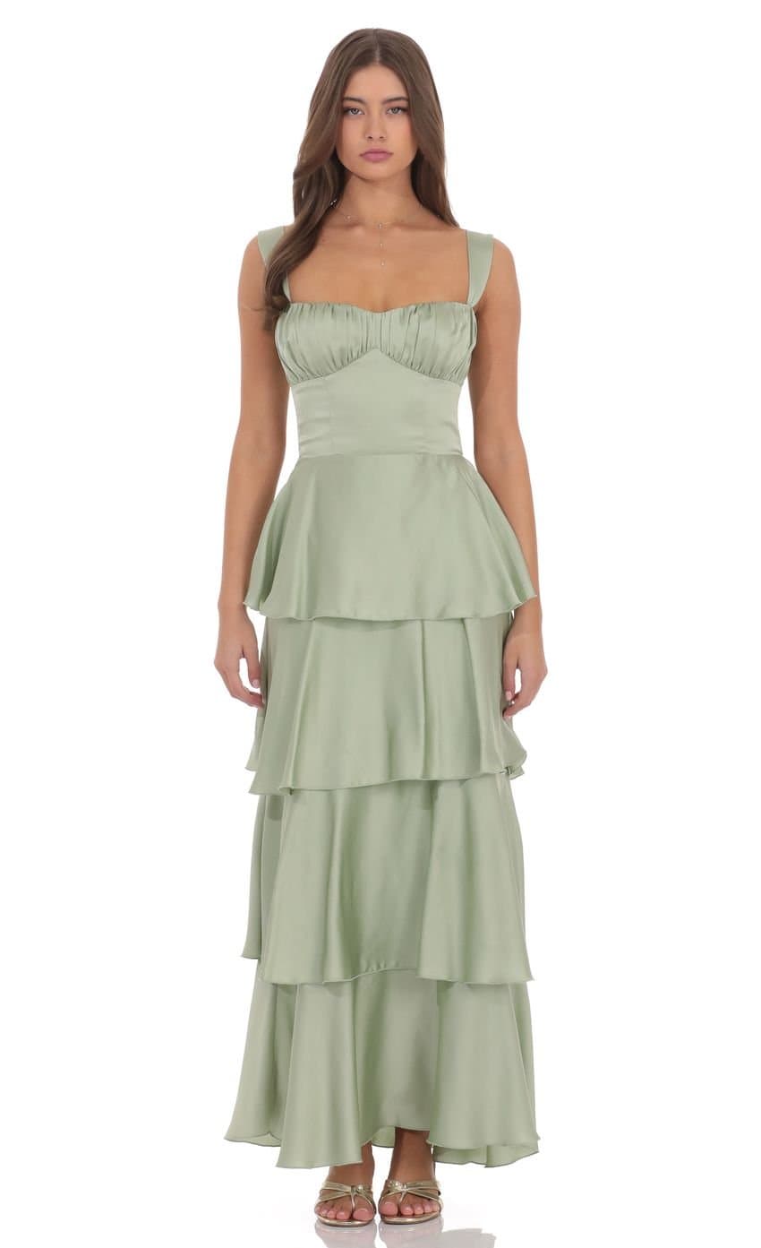 Satin Ruffle Maxi Dress in Sage