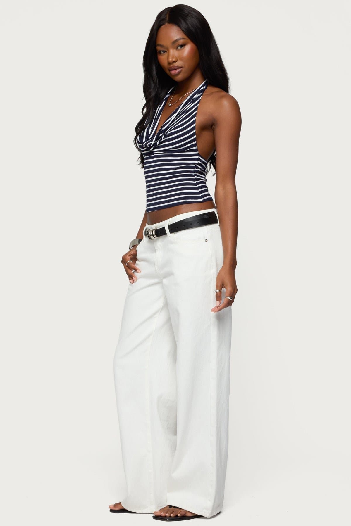 Striped Cowl Neck Halter Top with Neck Tie Closure - Cotton Spandex