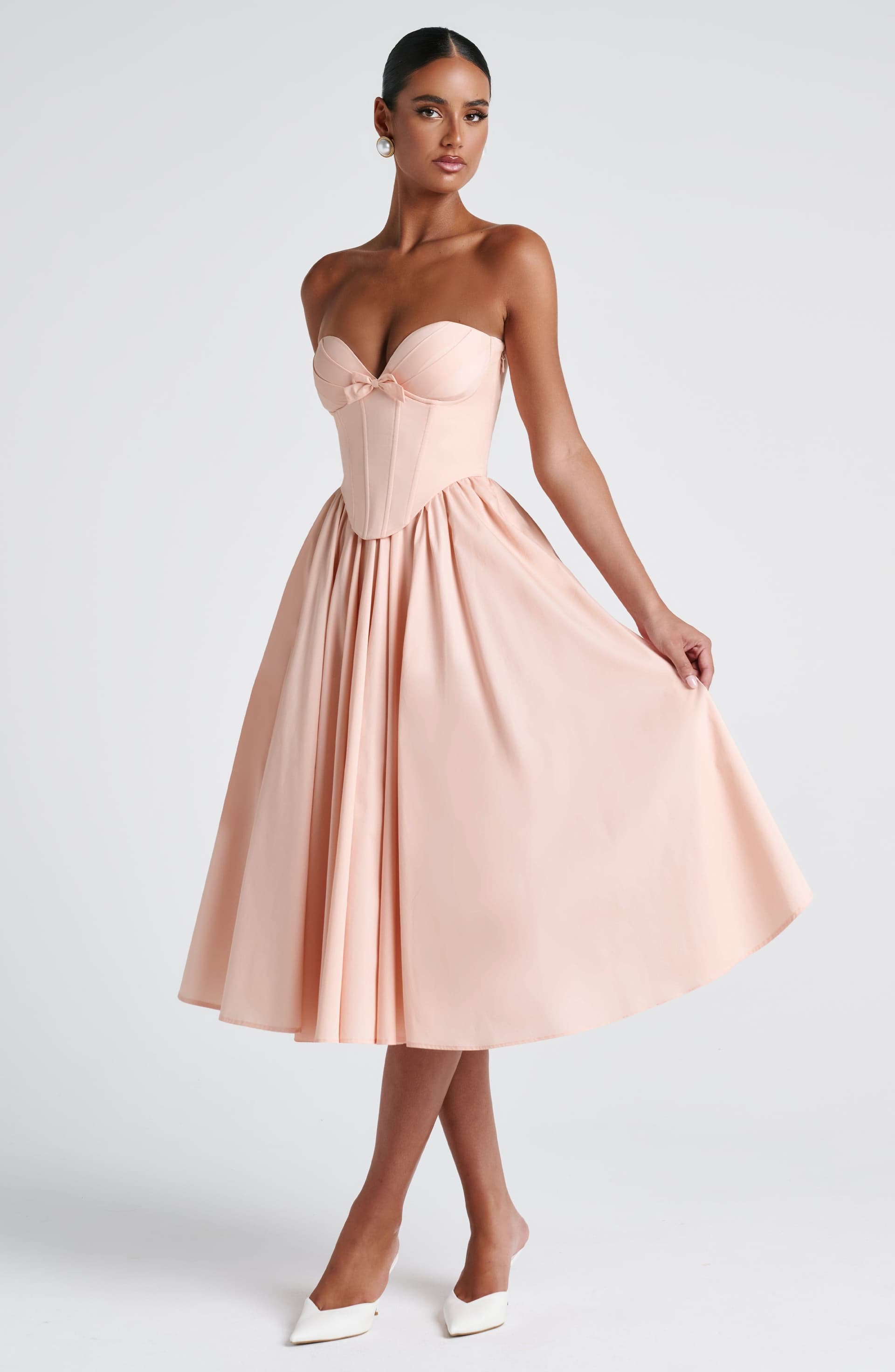 Prim Midi Dress Soft Peach Strapless Sweetheart Lace-Up Back