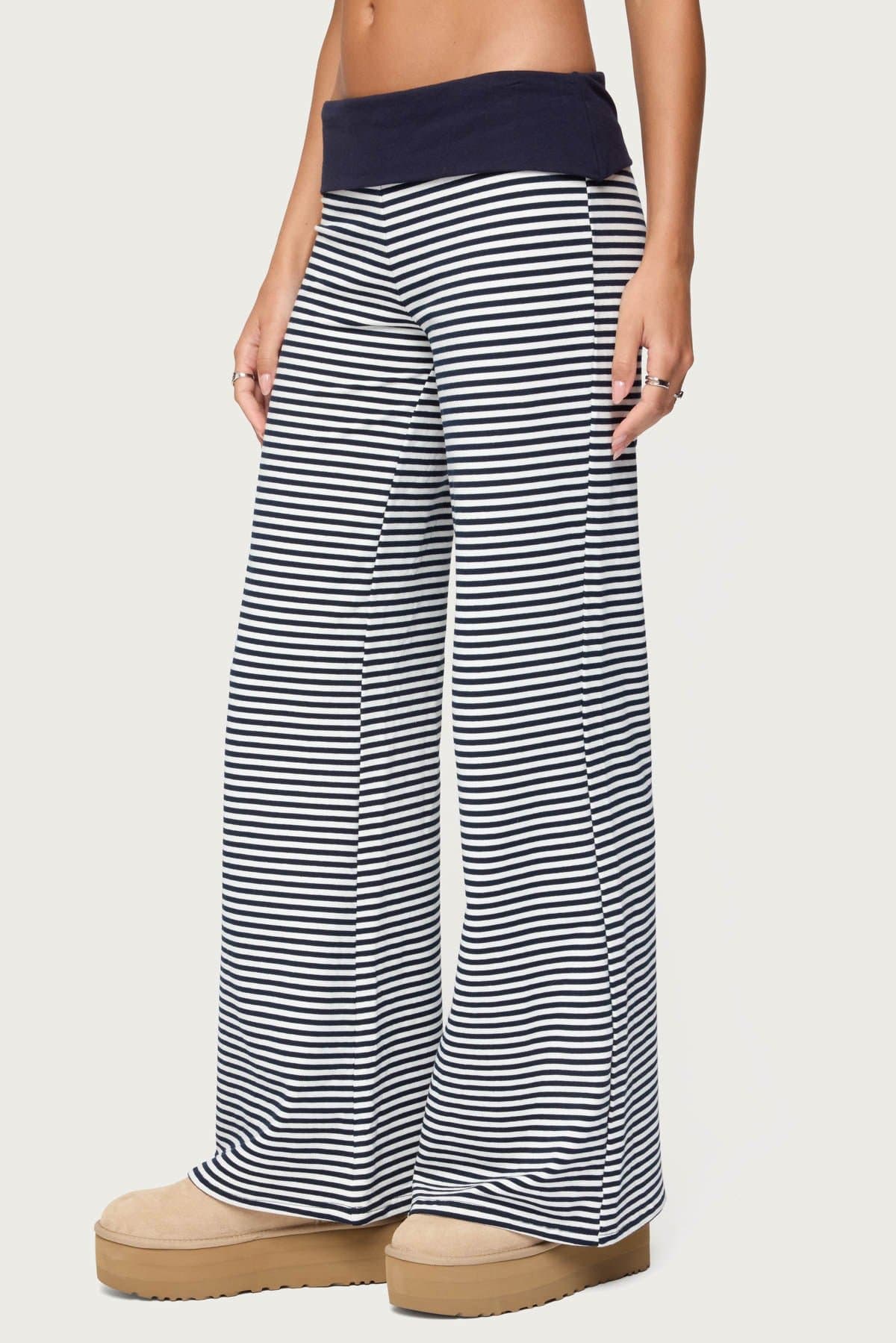 Meggy Striped Foldover Pants - Cotton Spandex, Contrast Waistband, 32.3" Inseam Size S