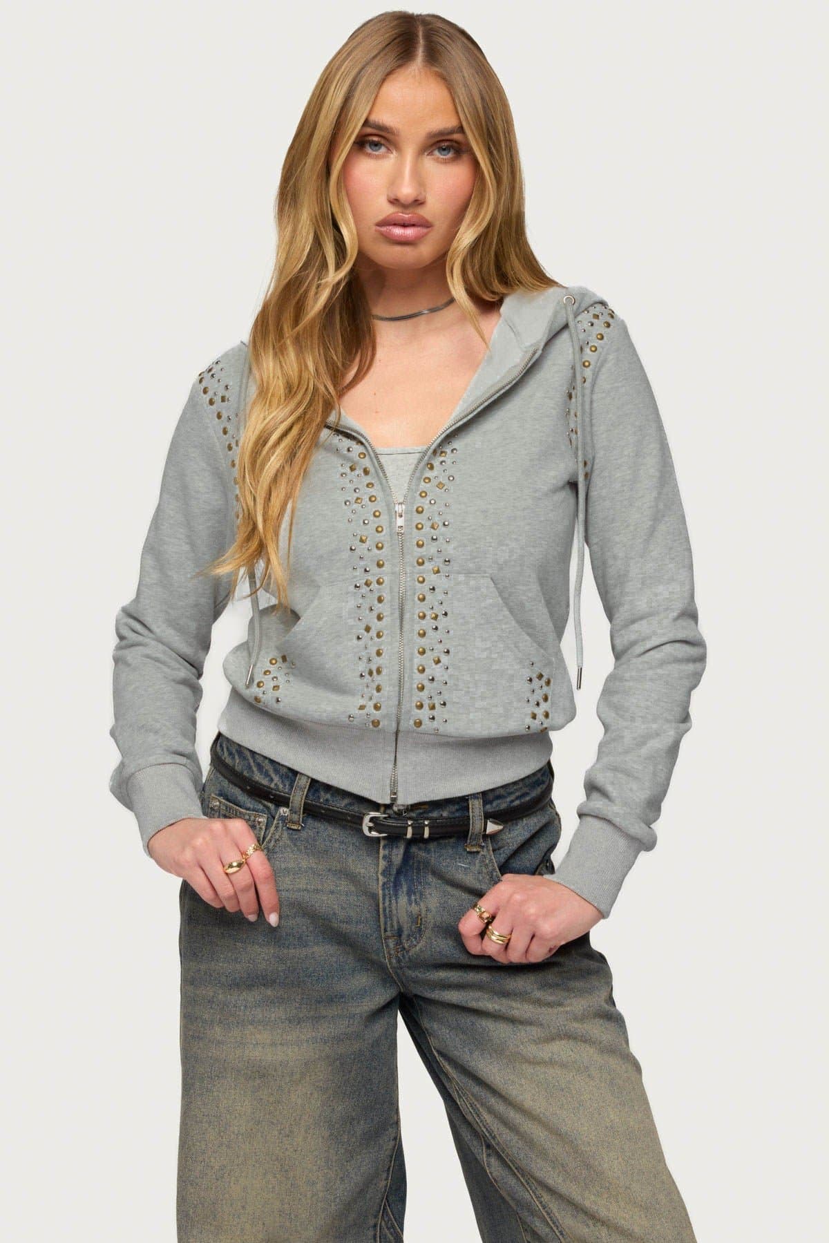 Patricia Studded Zip-Up Hoodie - Polyester Cotton Blend, Front Zip Closure