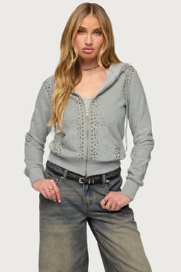 Patricia Studded Zip-Up Hoodie - Polyester Cotton Blend, Front Zip Closure