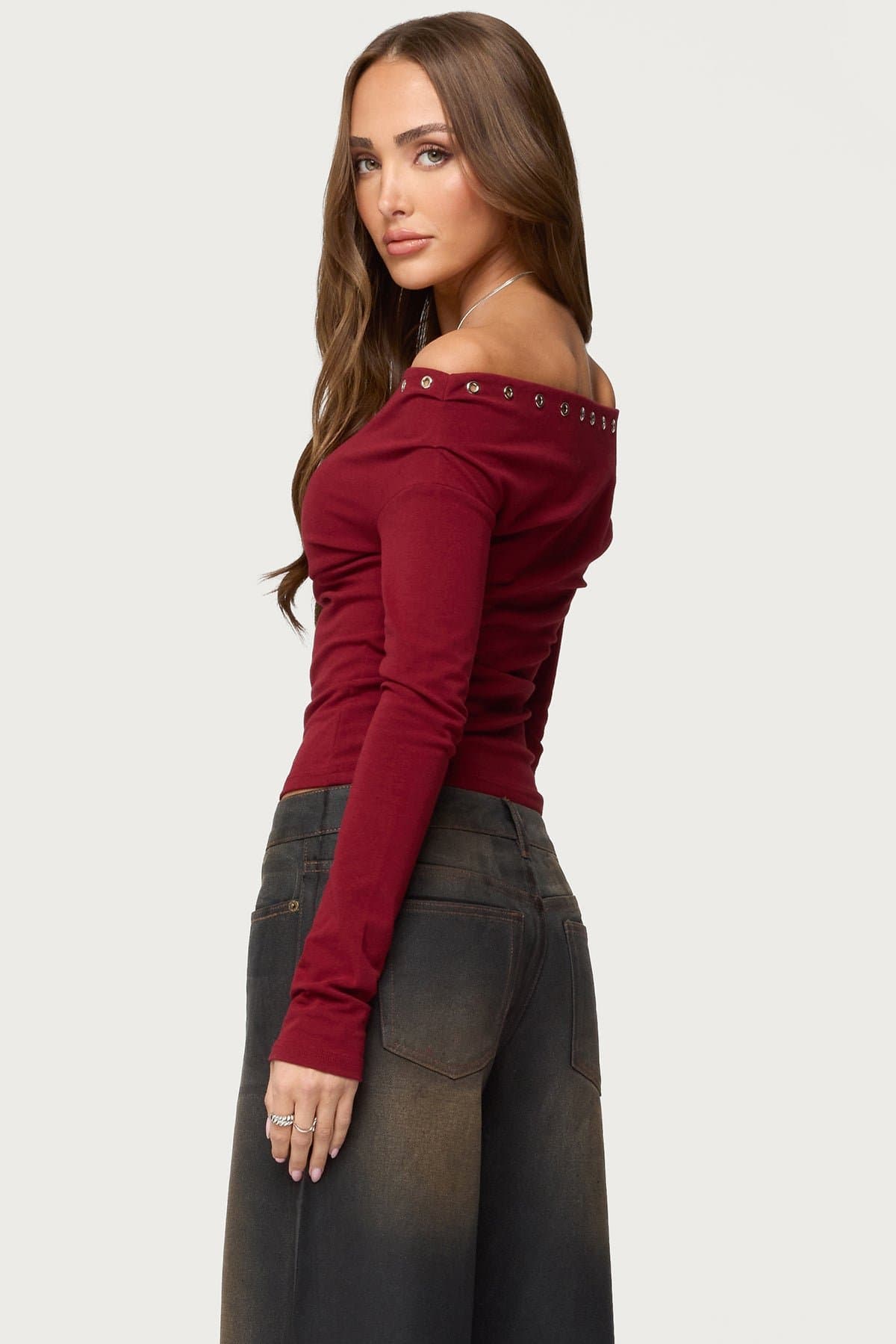 Rebekka Grommet Off Shoulder Long Sleeve Top - Polyester Rayon Spandex