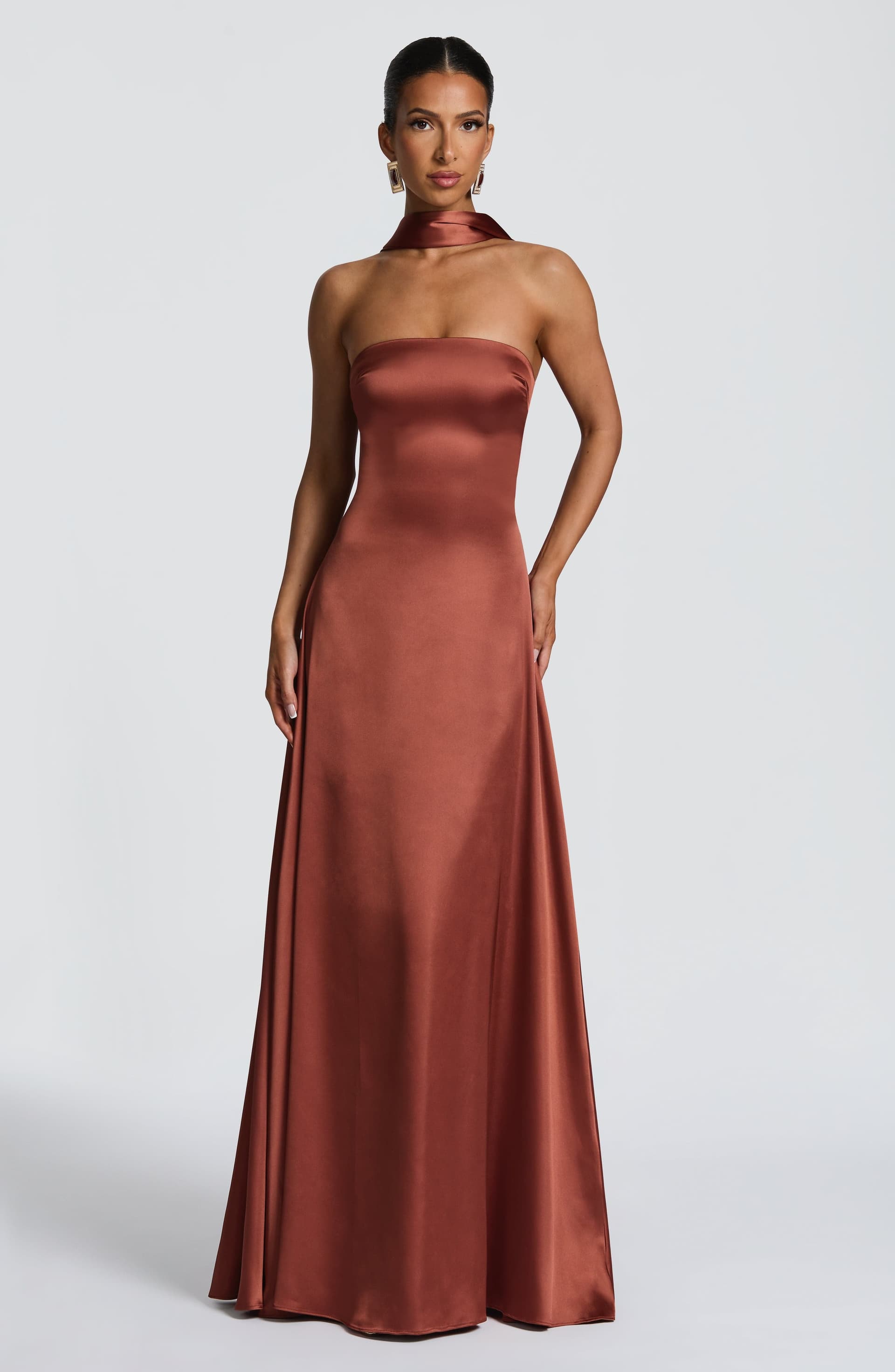 Morven Maxi Dress - Rust Satin Strapless A-Line Lace-Up Back