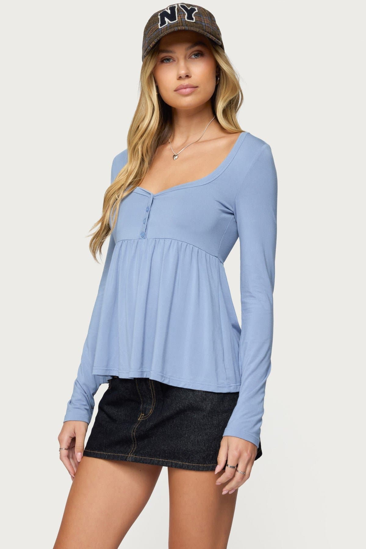 Lilla Henley Babydoll Top - Long Sleeve Rayon Spandex Button Detail