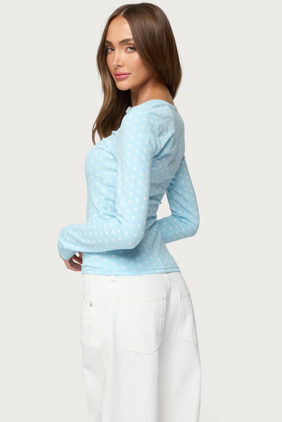 Keana Polka Dot Henley Top - Long Sleeve Cotton Spandex Women's Shirt