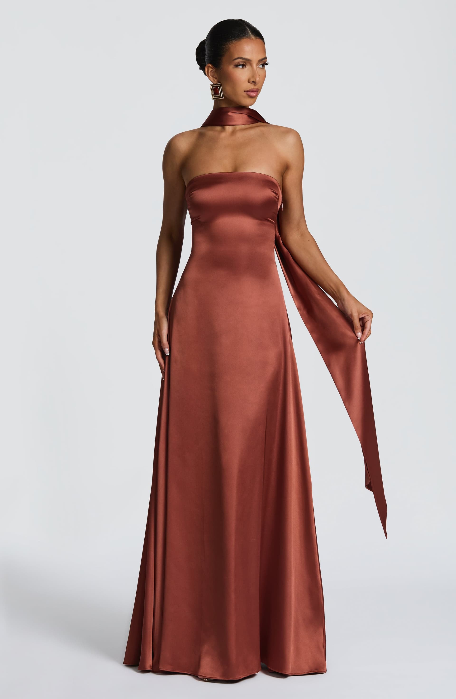 Morven Maxi Dress - Rust Satin Strapless A-Line Lace-Up Back
