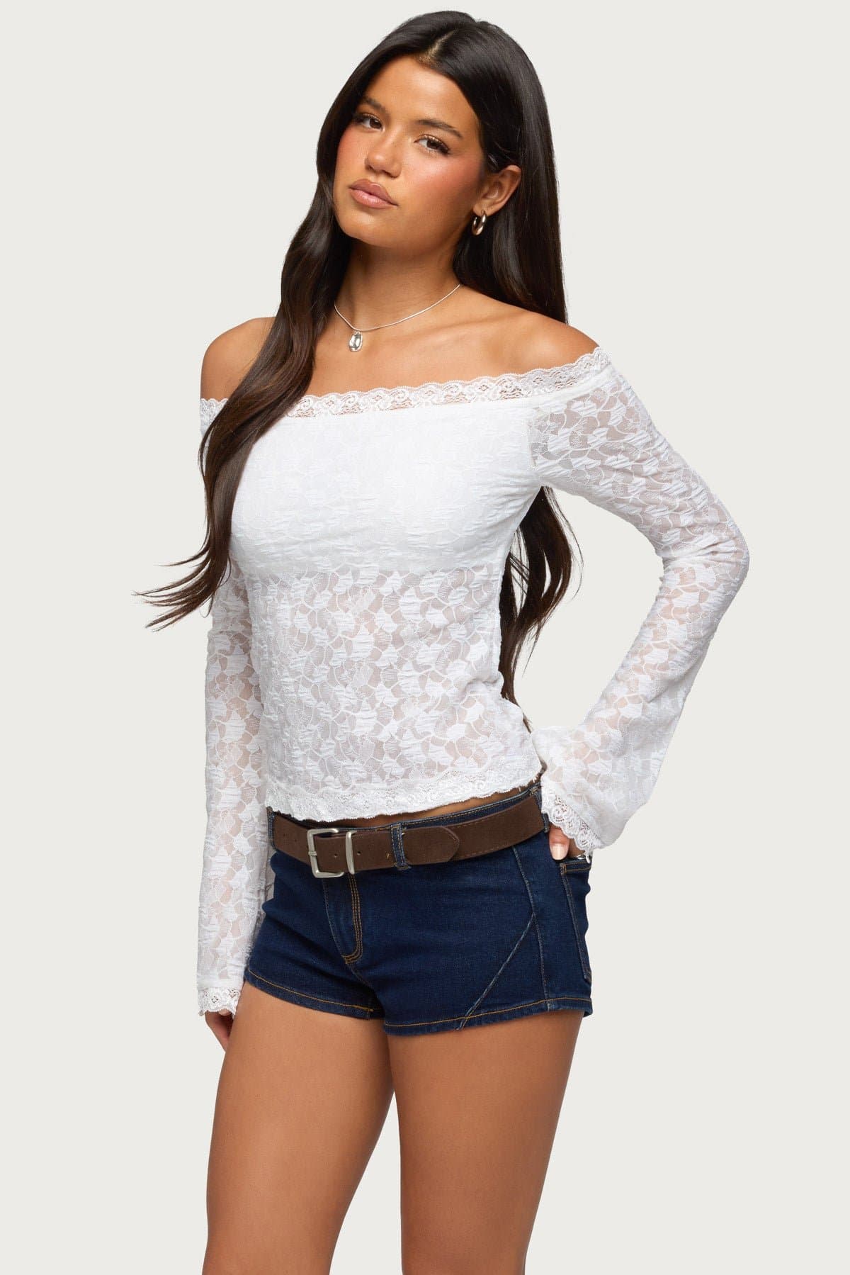 Off Shoulder Lace Top with Built-in Bra - Long Flared Sleeves, Scalloped Trim