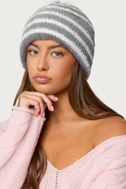 Striped Fuzzy Knit Beanie - Polyester Hat, Height 12.6in Length 9in