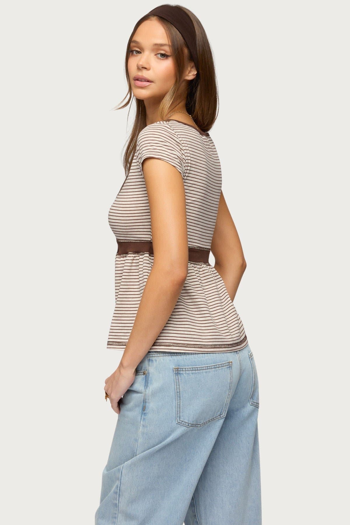 Sady Contrast Striped Babydoll Top - Cotton Spandex Women's Blouse Size S