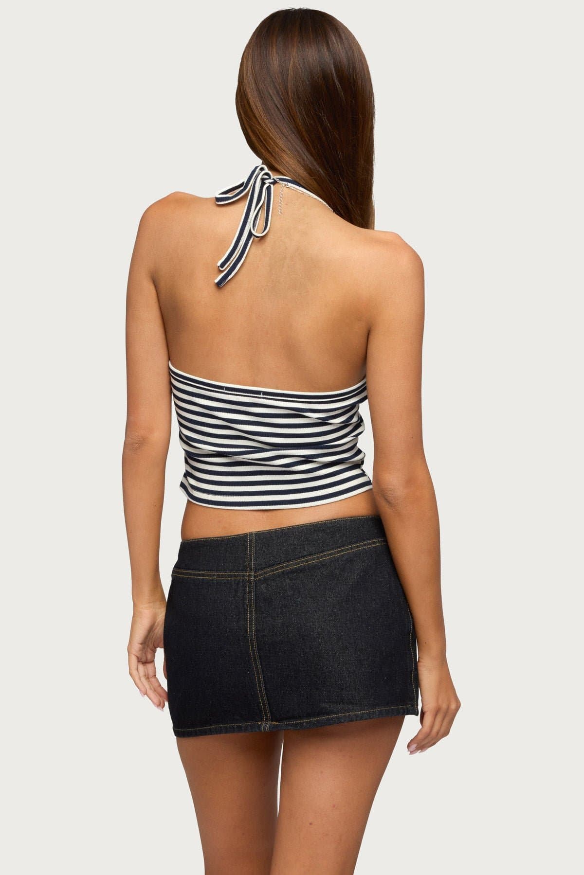 Velma Striped Ribbed Halter Top - Cotton Spandex, Neck Tie Closure