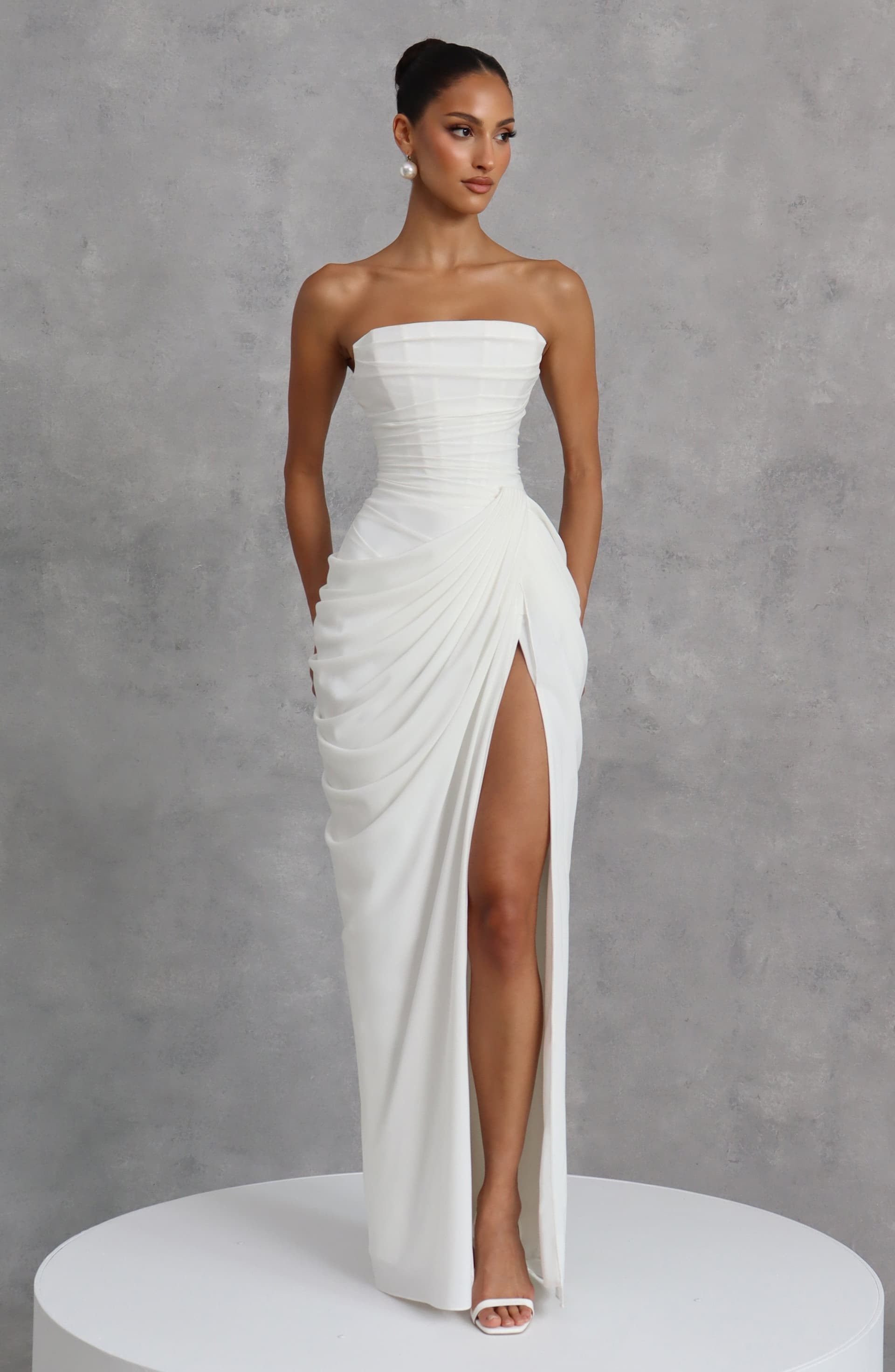 Cyra Maxi Dress in Ivory Chiffon with Strapless Neckline and Thigh-High Split