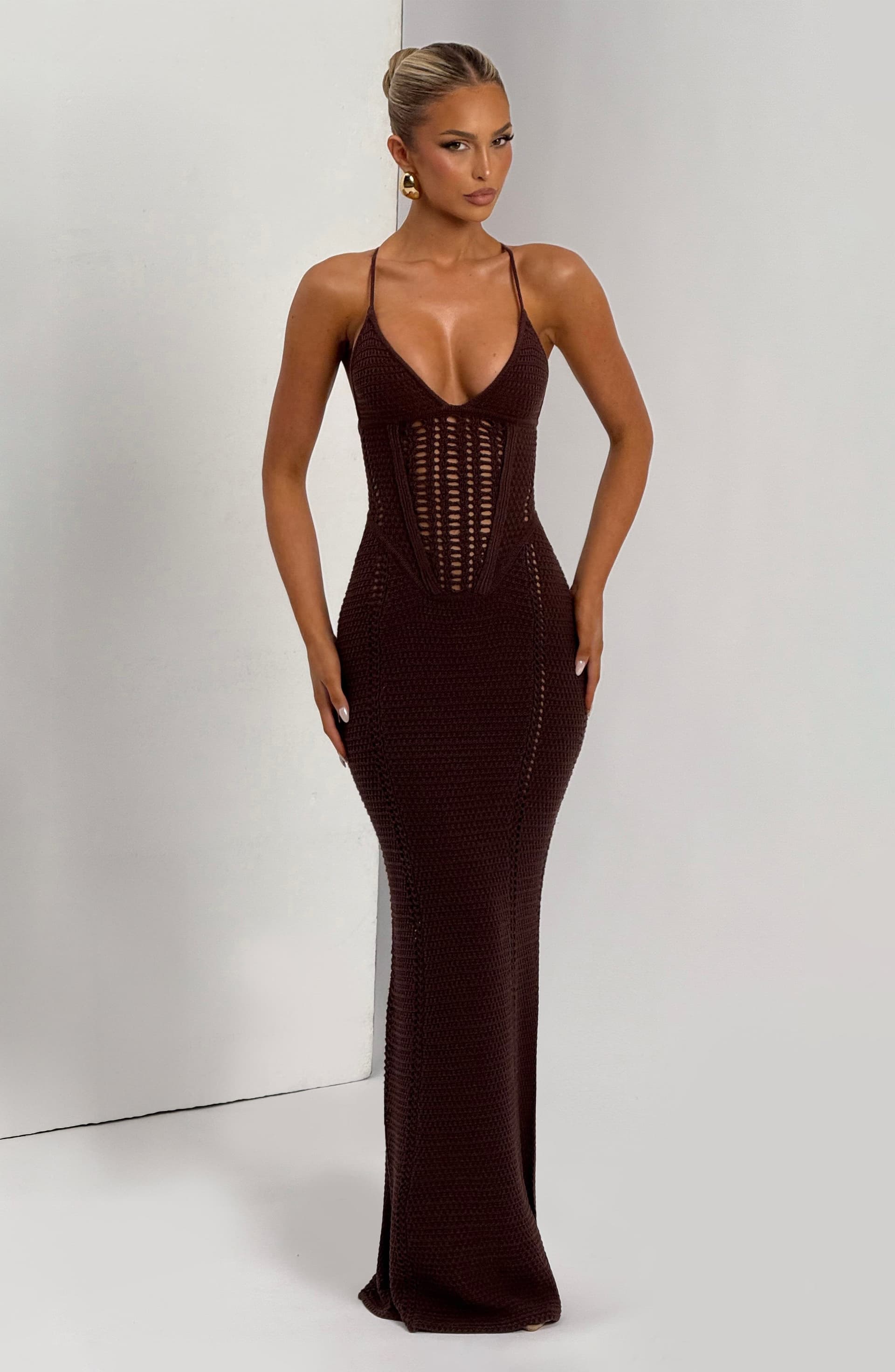 Xanthe Maxi Dress in Plum Brown - Faux Crochet Knit, Lace Up Back, Bodice Boning