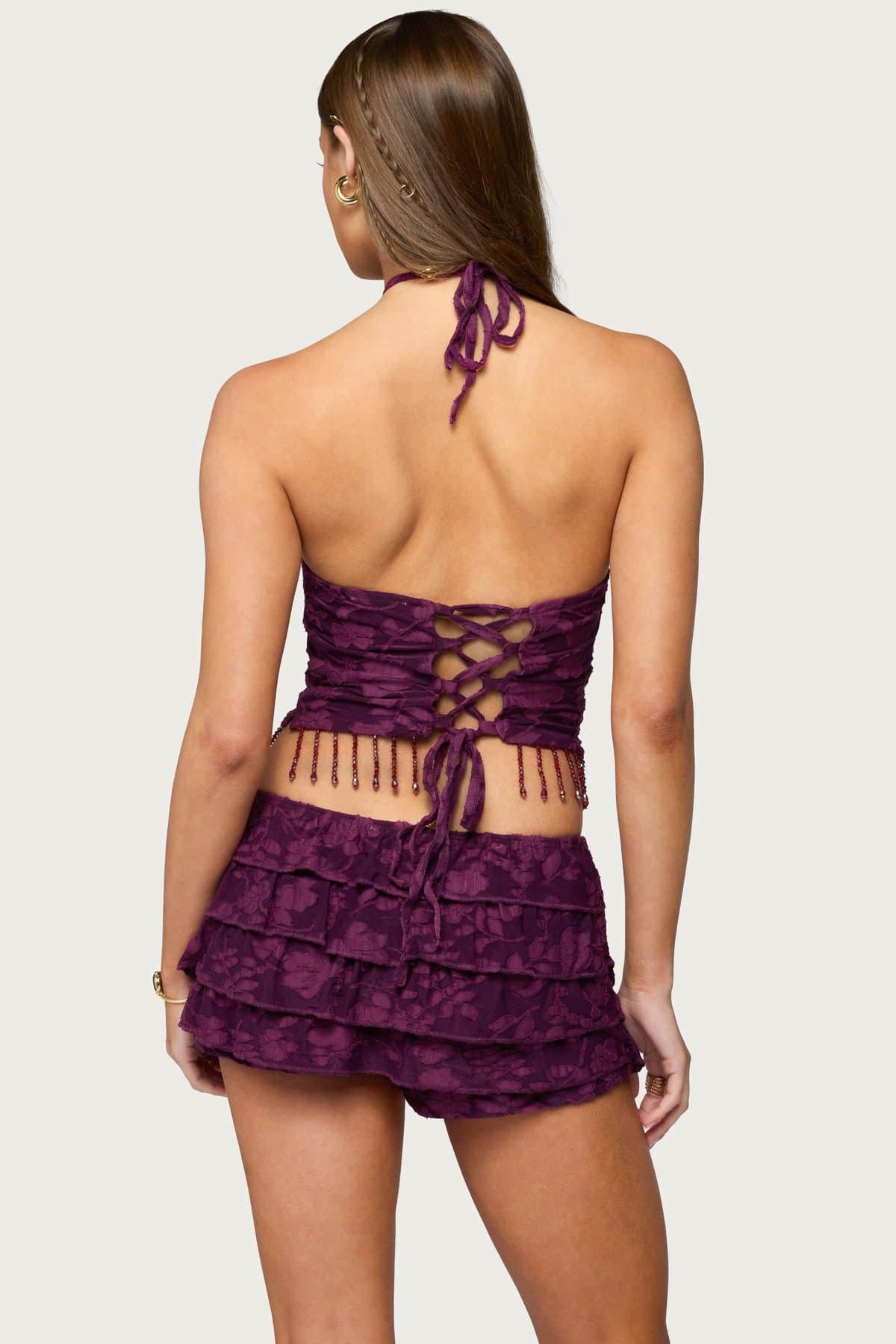 Keyla Bead Fringed Textured Halter Top - Floral Polyester Spandex