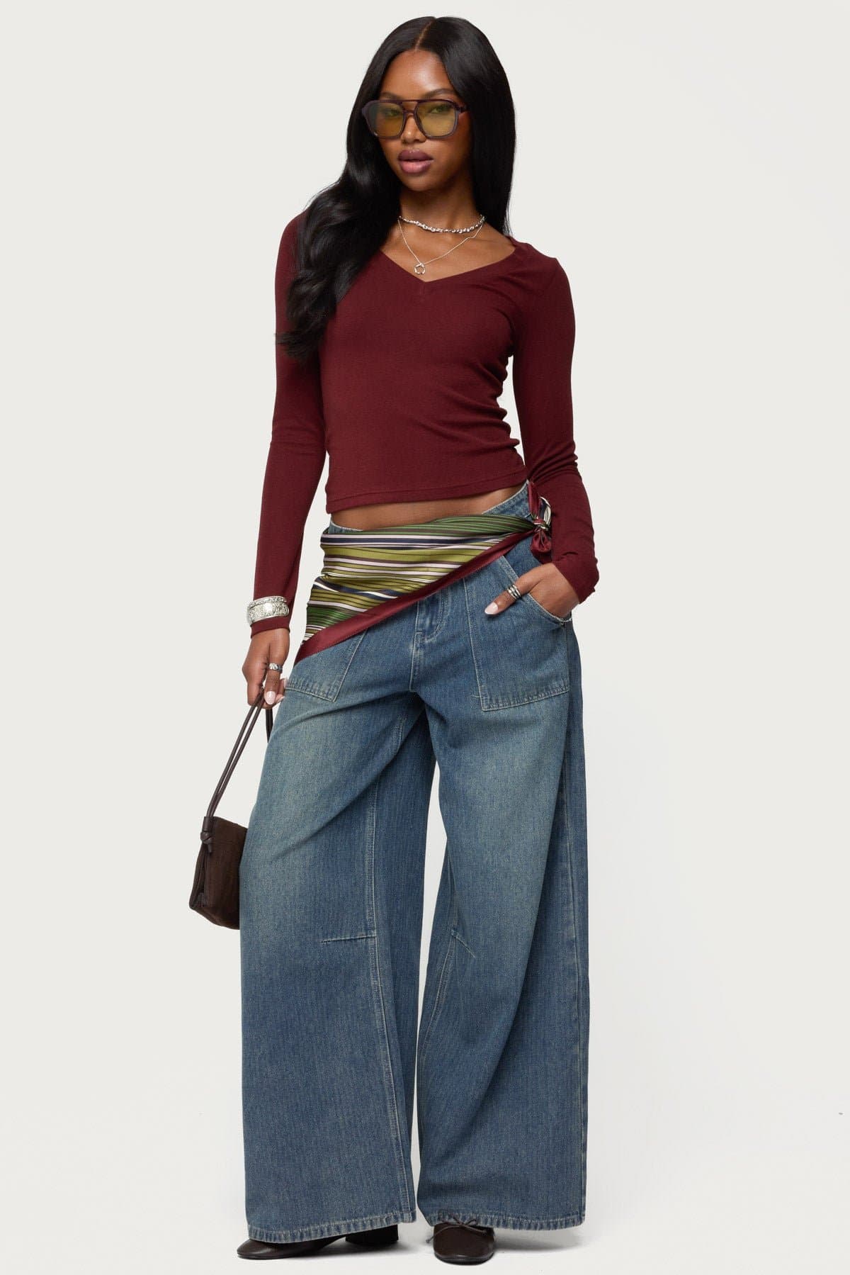 Larna V-Neck Long Sleeve Ribbed T-Shirt - Rayon Cotton Acrylic Spandex Blend