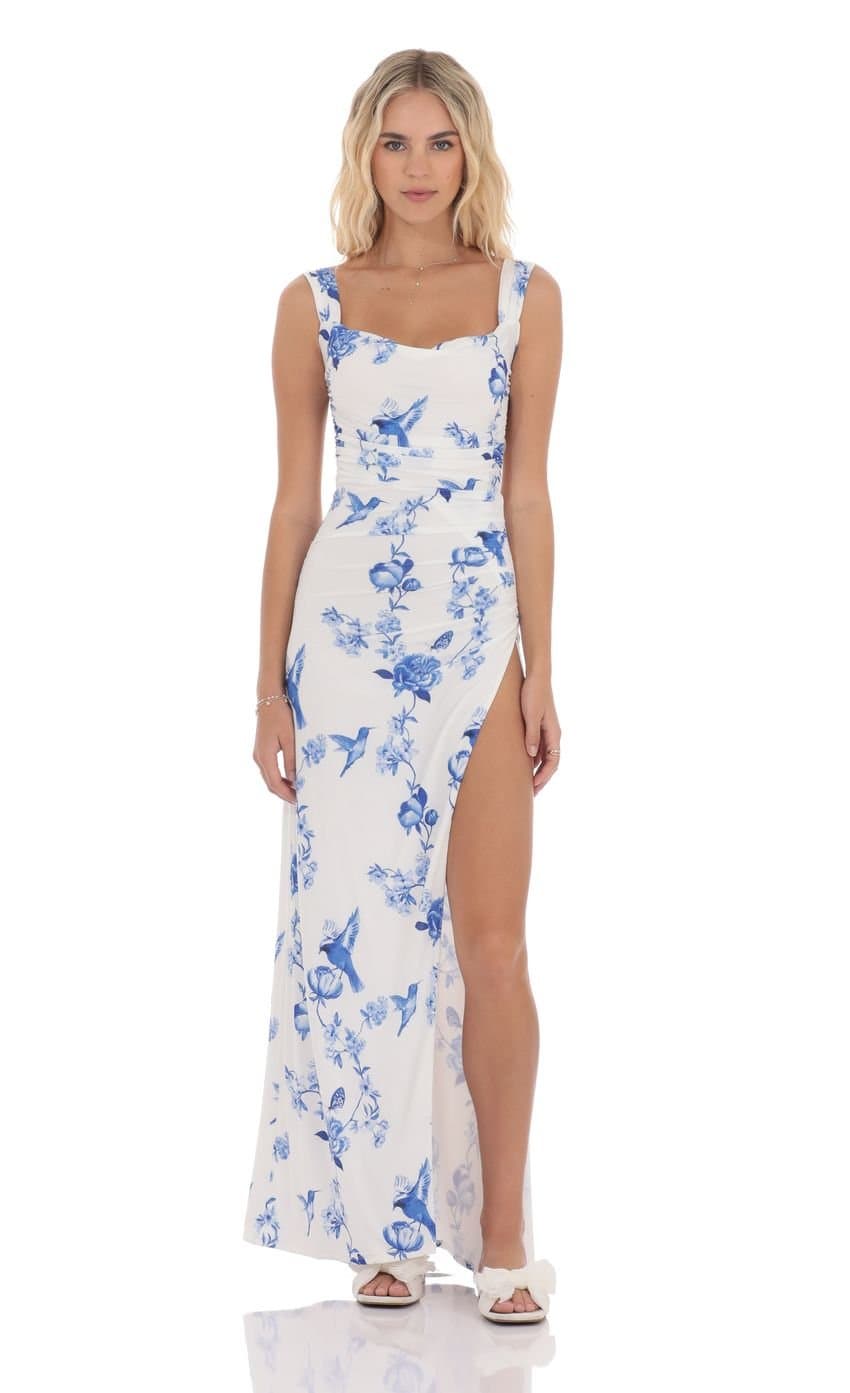 Floral Open Back Bow Maxi Dress in White
