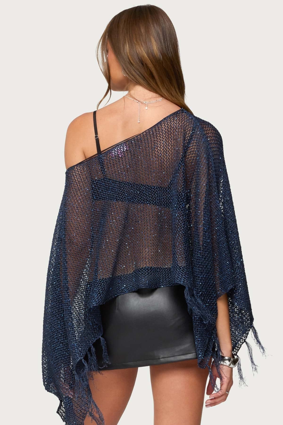 Sequin Fringe Knit Poncho - Boat Neckline, Open Knit Polyester