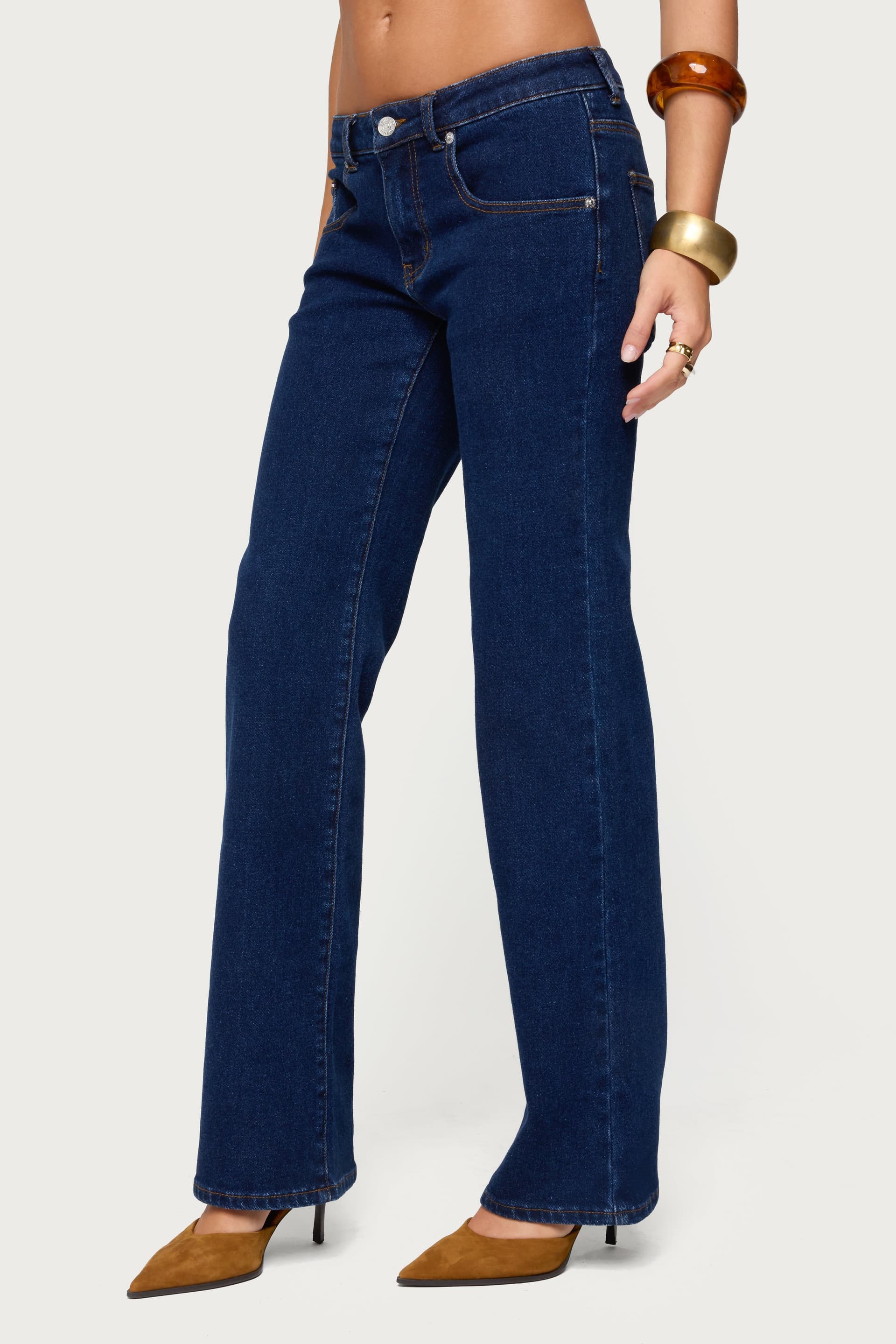 Jemima Low Rise Straight Leg Jeans in Stretchy Denim Cotton Polyester Spandex