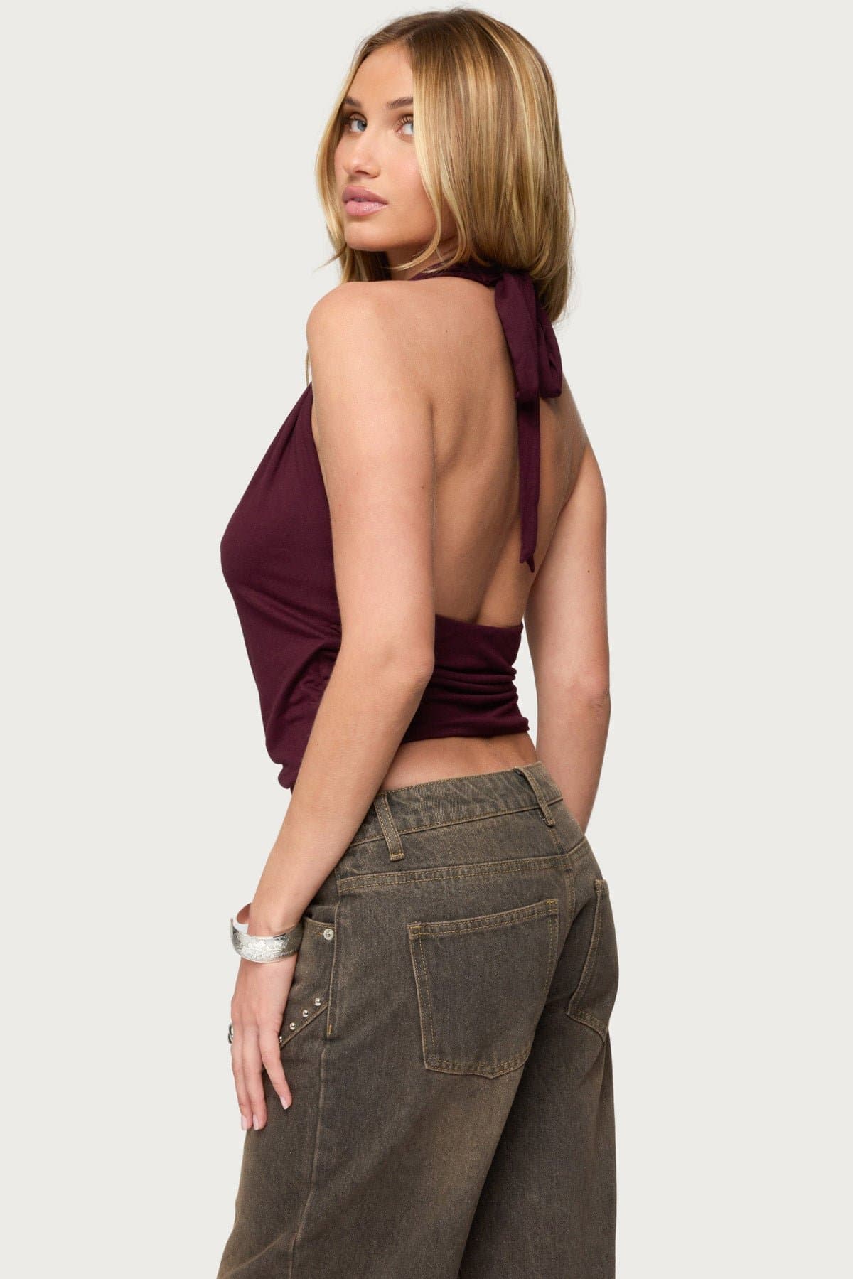 Addana Wrapped Halter Top - Deep V Neck Rayon Spandex Side Tie Women's Blouse