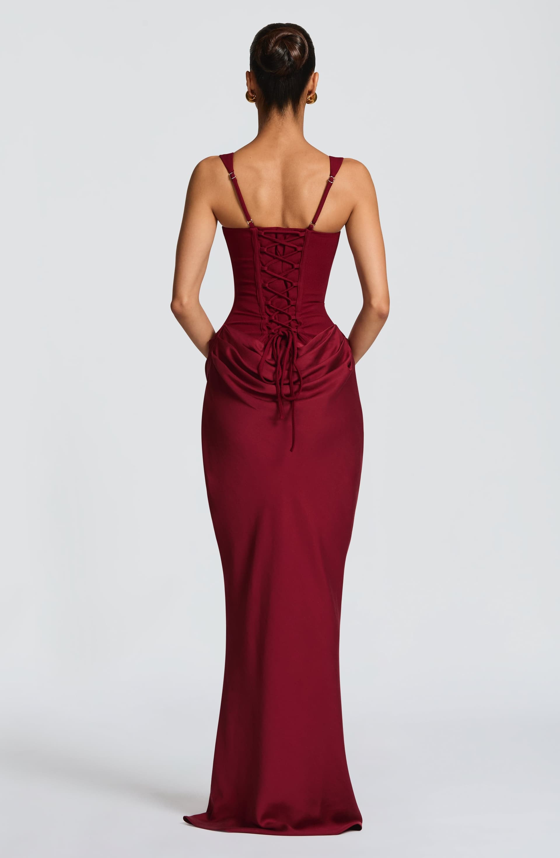 Cornelia Maxi Dress in Burgundy - Crepe Bodice Lyocell Skirt Square Neck Boned