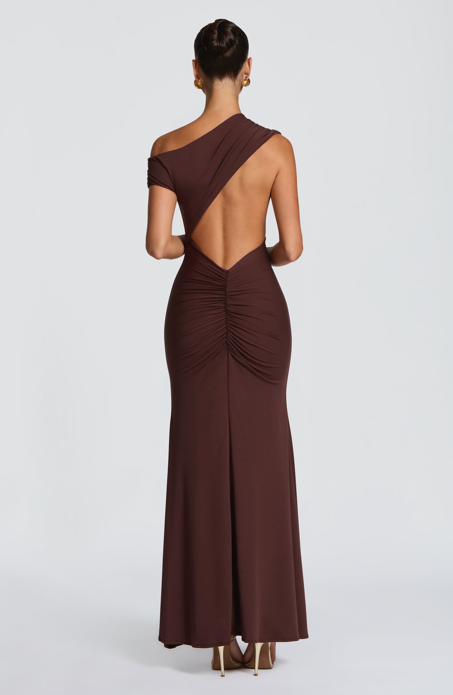 Fiora Maxi Dress in Plum Brown - Asymmetric Neckline Open Back Modal Jersey
