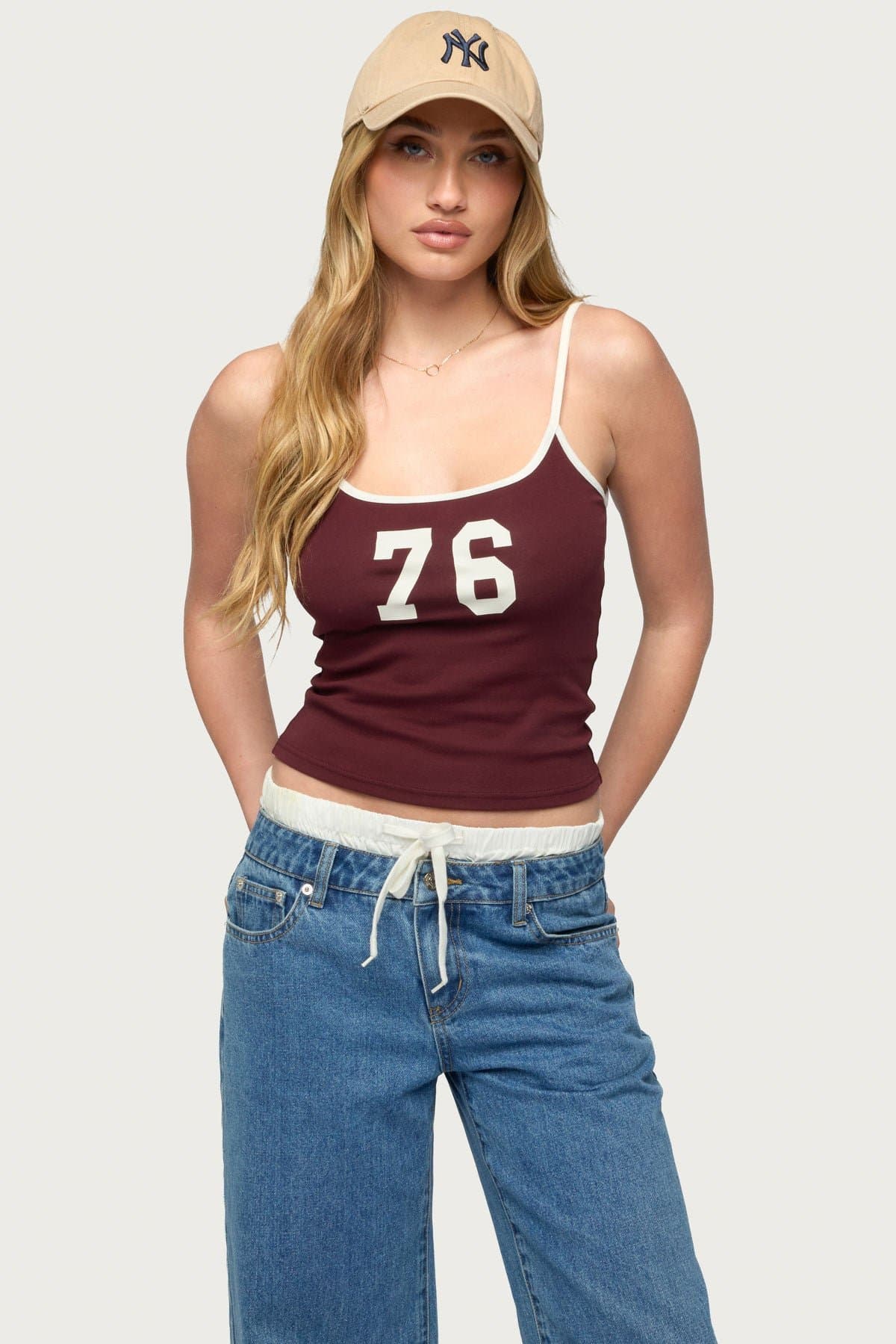 76 Contrast Tank Top with Adjustable Straps, Graphic Text, Cotton Spandex