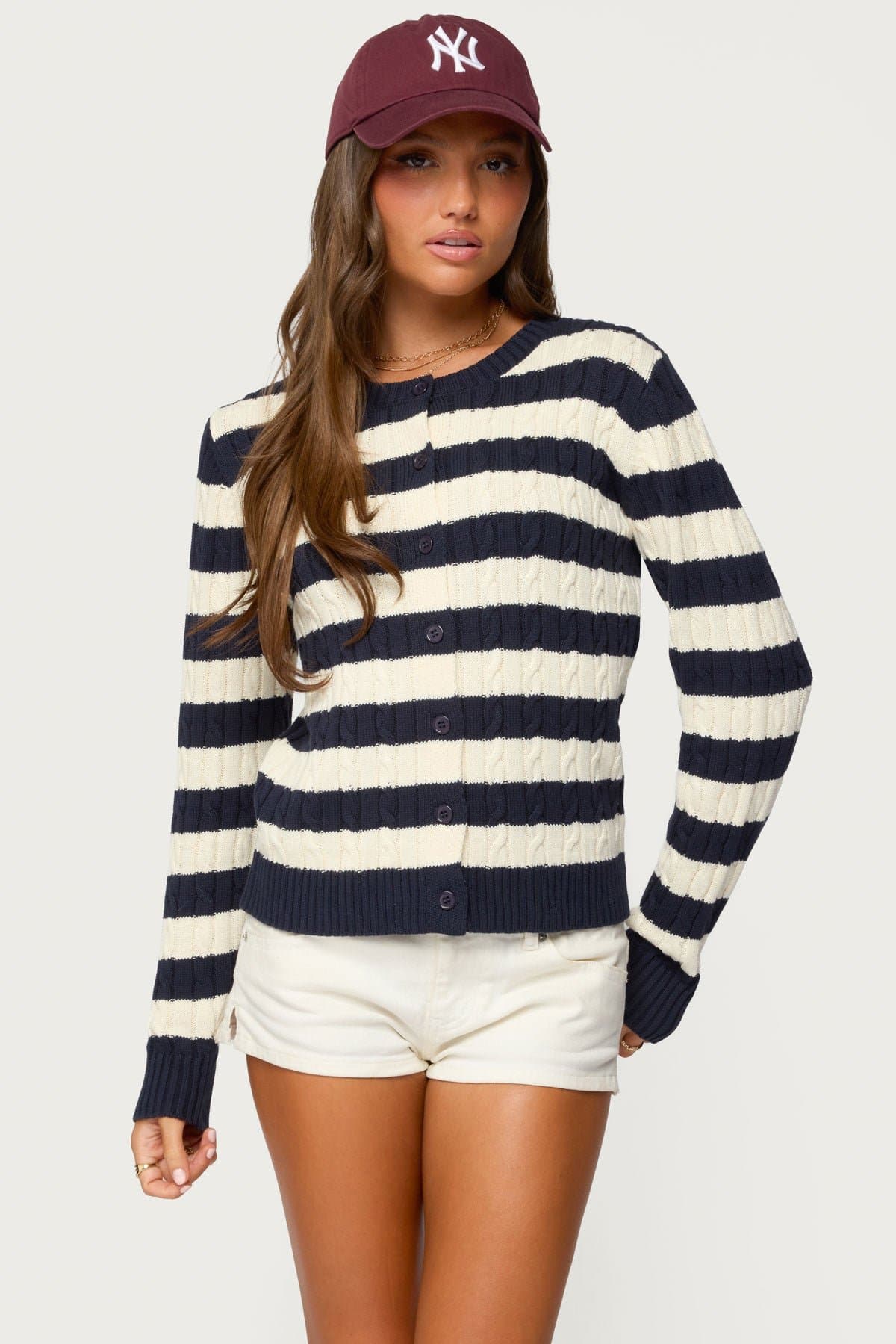 Mildred Striped Cable Knit Cardigan - 100% Cotton Button Front Sweater