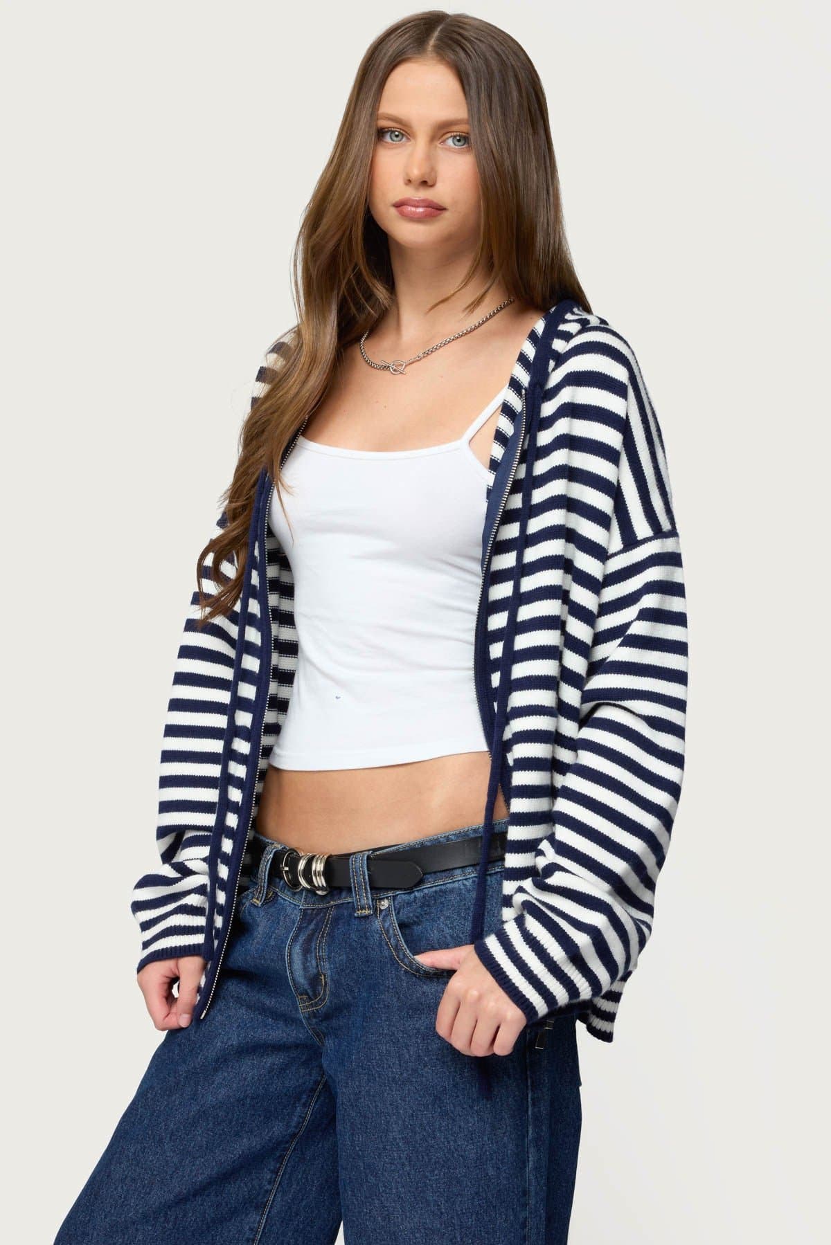 Safari Striped Knit Zip-Up Hoodie - Oversized Acrylic Fit with Contrast Trim