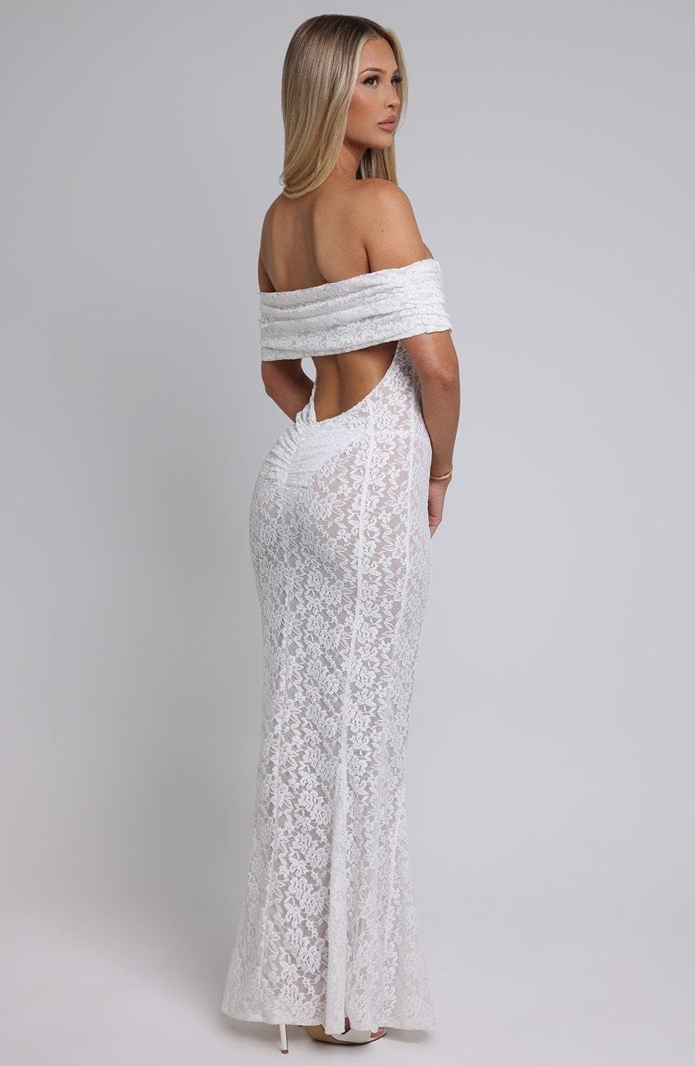 Stephanie Maxi Dress in Ivory - Stretch Floral Lace, Off Shoulder Bardot Neckline