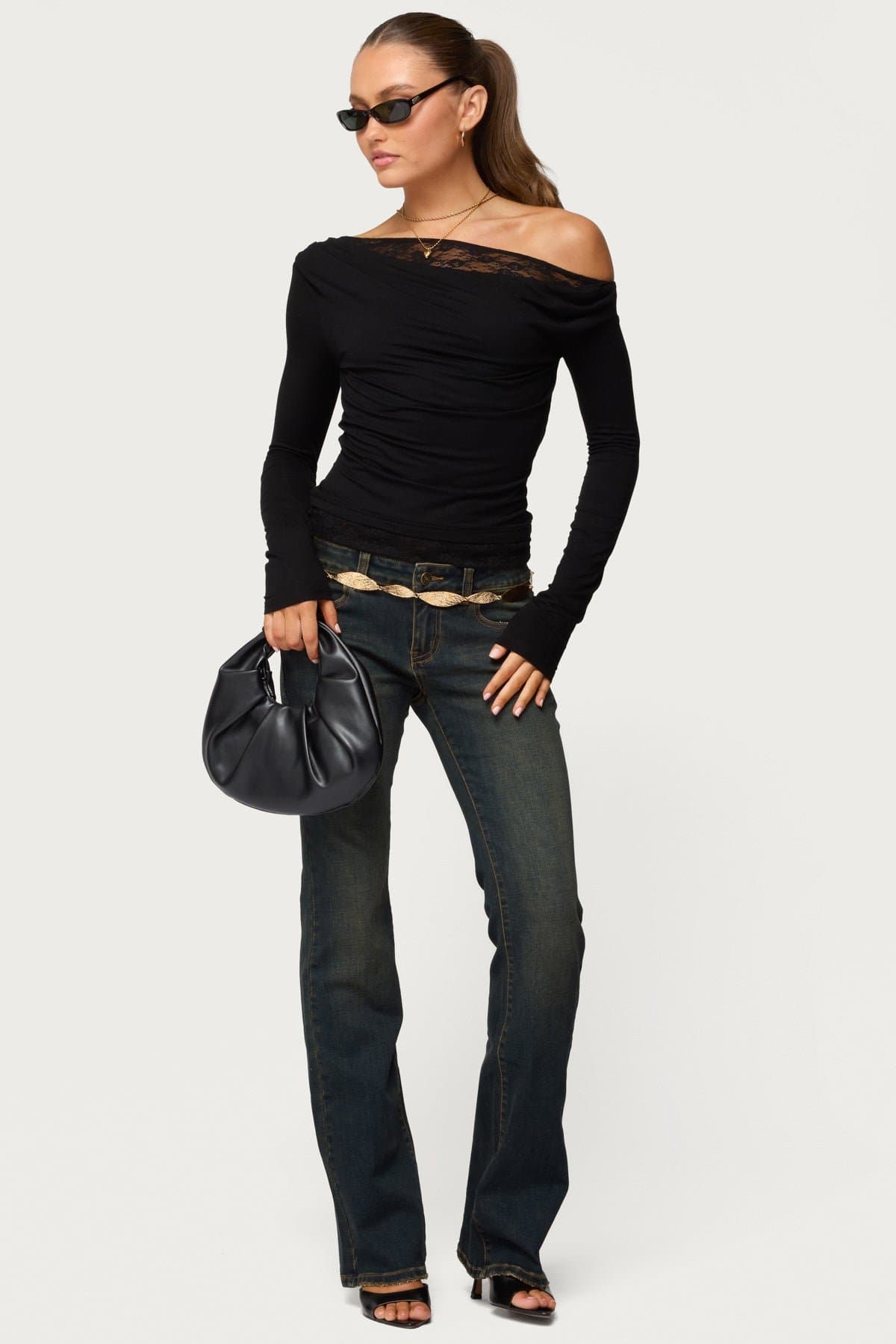 Layered Lacey Off Shoulder Long Sleeve Top - Rayon Spandex