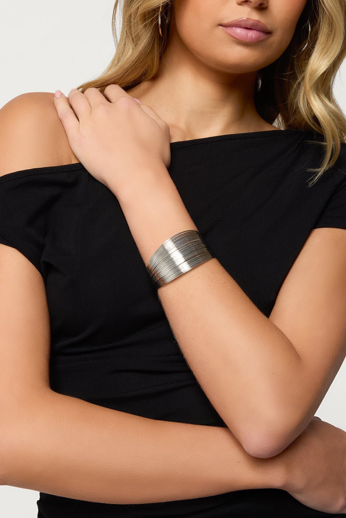 Layered Wire Cuff Bracelet in Silver Tone Metal - 2.4 Inch Length