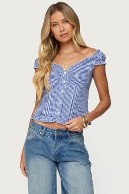 Dorothie Gingham Button Up Top - 100% Cotton Wide V Neck Short Puff Sleeves