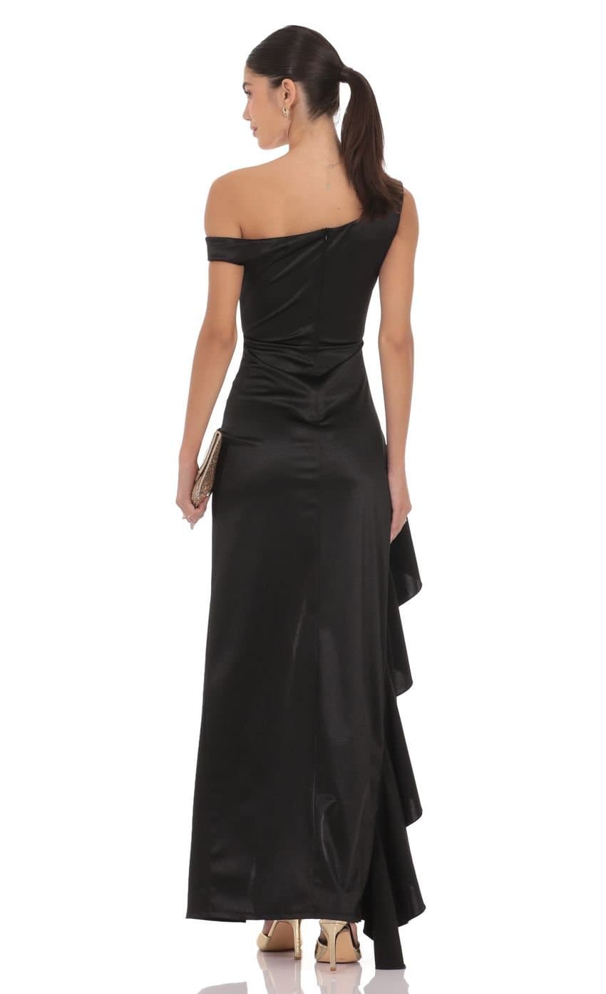 Satin Off Shoulder Maxi Dress in Black