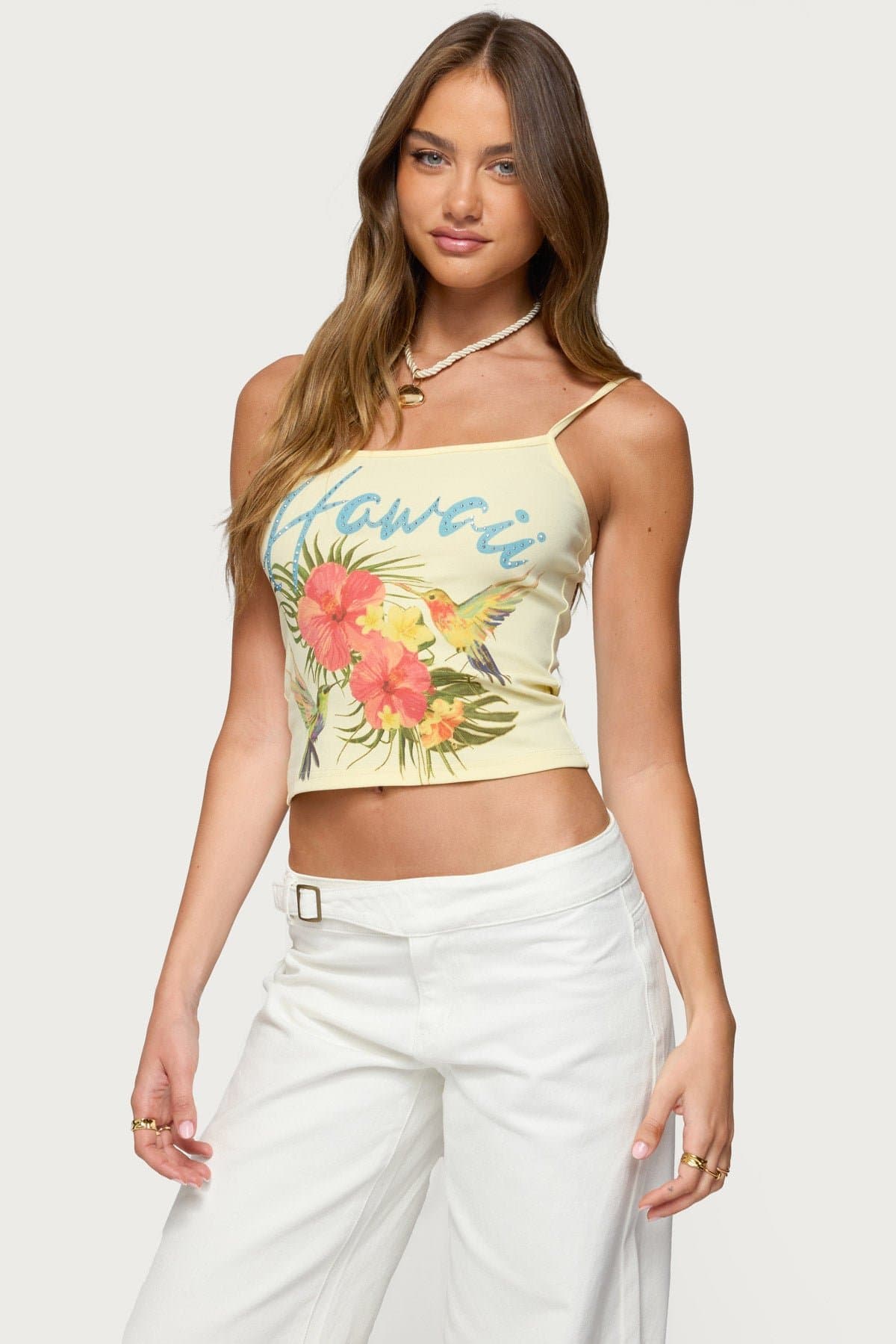 Hawaii Babe Tank Top with Tropical Flowers Print, Adjustable Straps, Cotton Spandex