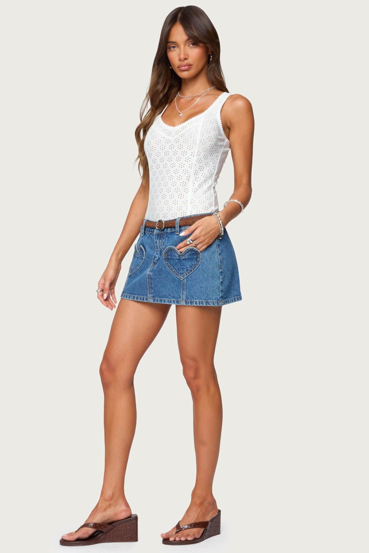 Clementina Eyelet Bodysuit - Scoop Neck Frill Trim Polyester Spandex