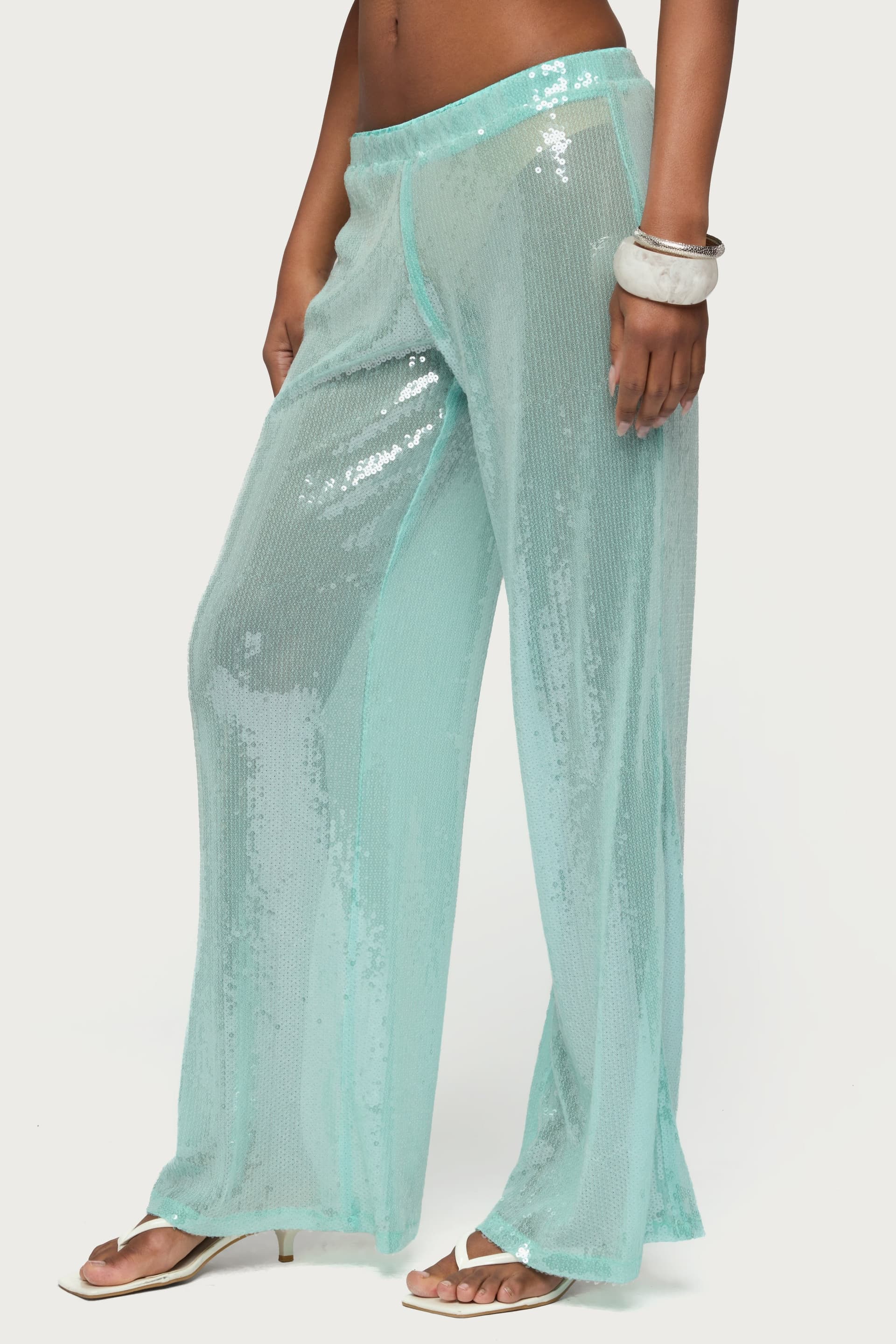 Avalee Sequin Wide Leg Pants - Polyester Spandex Elastic Waistband