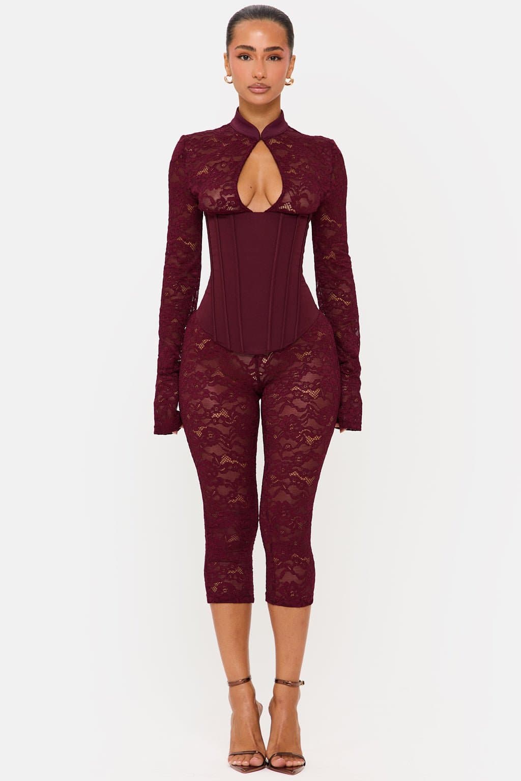 Jagger Long Sleeve Lace Capri Jumpsuit High Neck Keyhole Corset Back